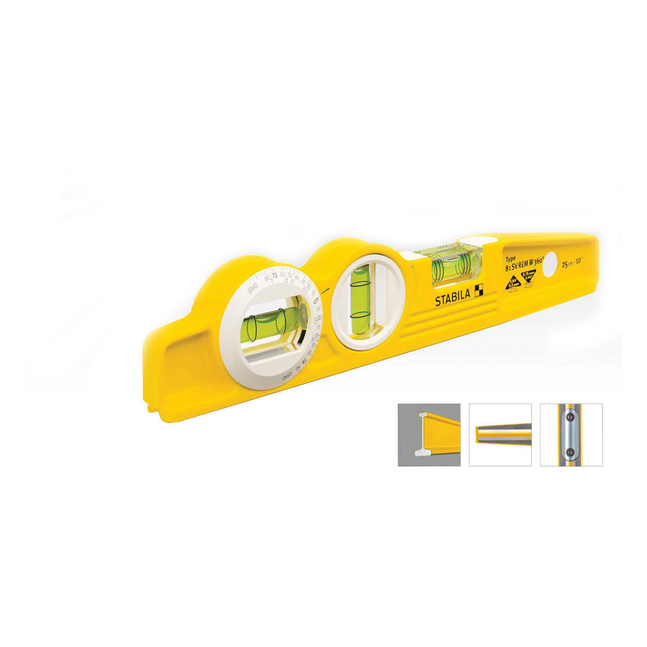 Stabila 25360 Torpedo Level, 10 in L, 3-Vial, Magnetic, Aluminum, Yellow - 3