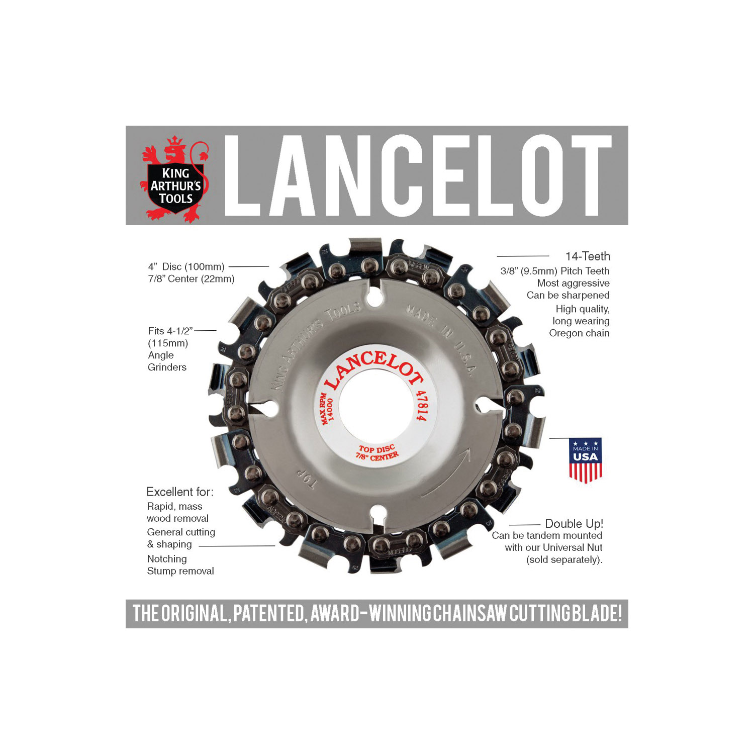 King Arthur's Tools Lancelot 47814 Chain Saw Blade, 7/8 in Arbor, 3/8 in TPI/Pitch, 14-Teeth, Regular Teeth - 2