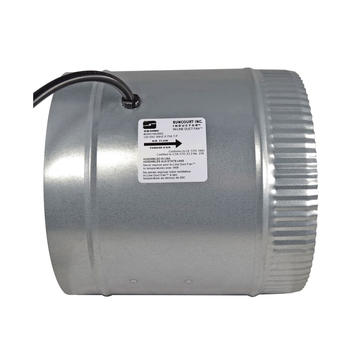 Suncourt INDUCTOR DB208C Inline Duct Booster Fan, 0.7 A, 120 VAC, 1-Speed, For: VS100, VS200 Variable Speed Control - 2