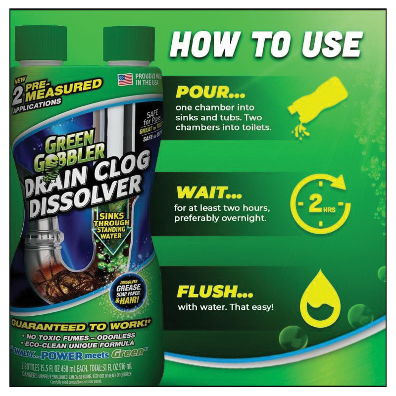 Green Gobbler GGDIS2CH32 Liquid Hair and Grease Clog Remover, Liquid, Clear, Odorless, 32 oz - 4