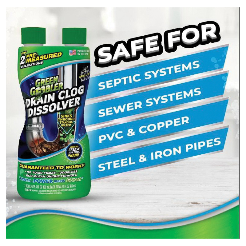 Green Gobbler GGDIS2CH32 Liquid Hair and Grease Clog Remover, Liquid, Clear, Odorless, 32 oz - 5