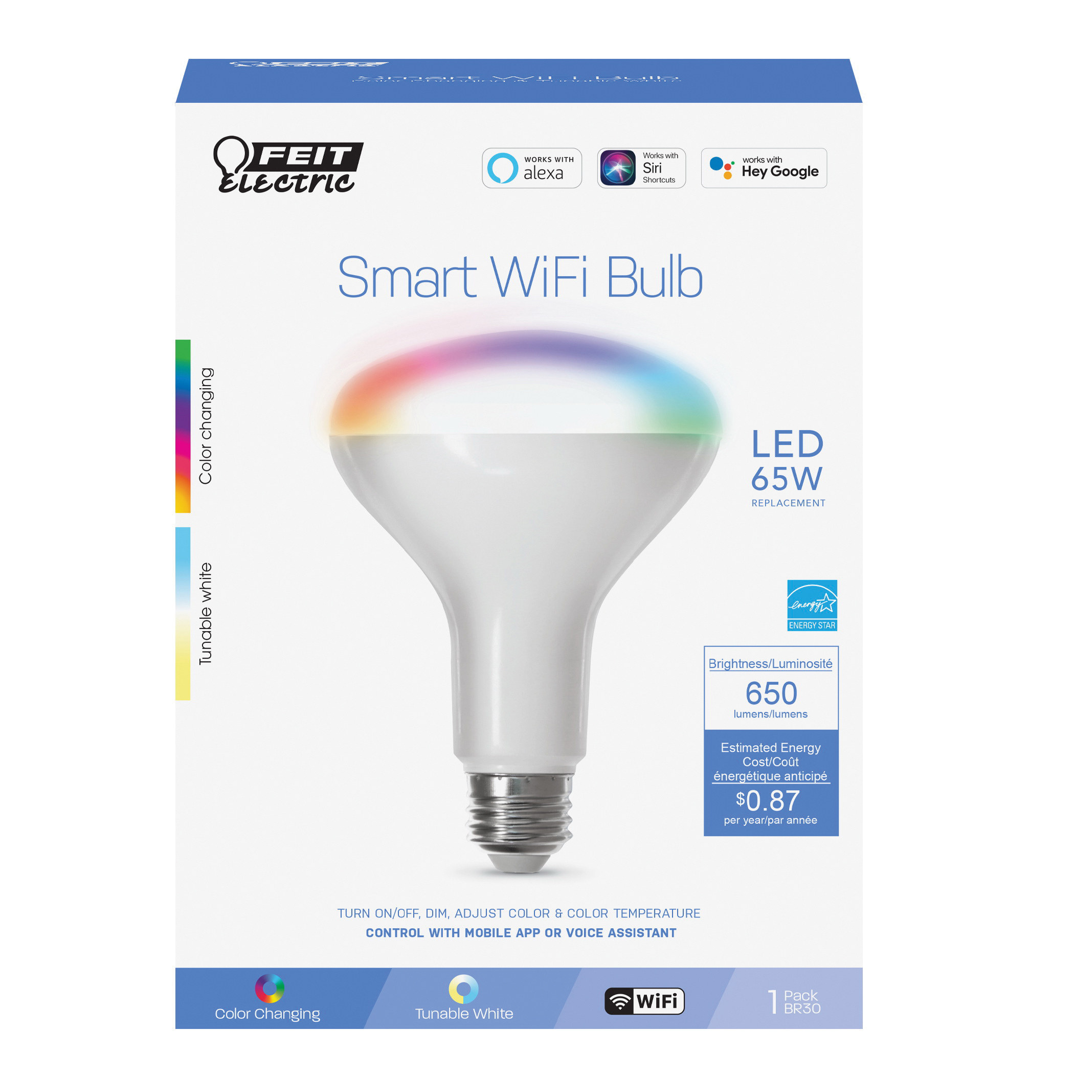 Feit Electric BR30/RGBW/CA/AG Smart Bulb, 650 Lumens, 2700 to 6500 K Color Temp, 8 W, Wi-Fi Connectivity: 2.4 GHz - 2