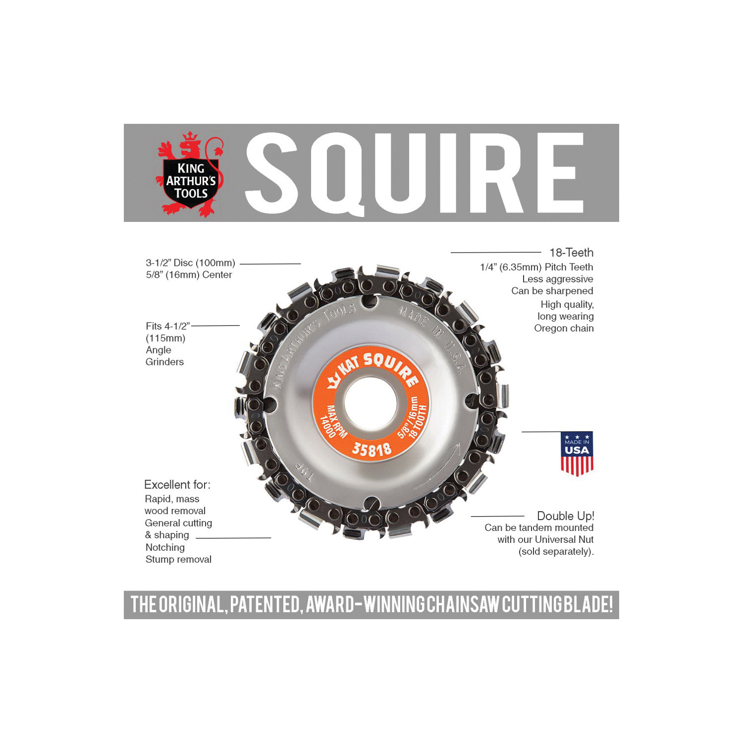 King Arthur's Tools Lancelot 35818 Chain Saw Blade, 5/8 in Arbor, 1/4 in TPI/Pitch, 18-Teeth, Regular Teeth - 2