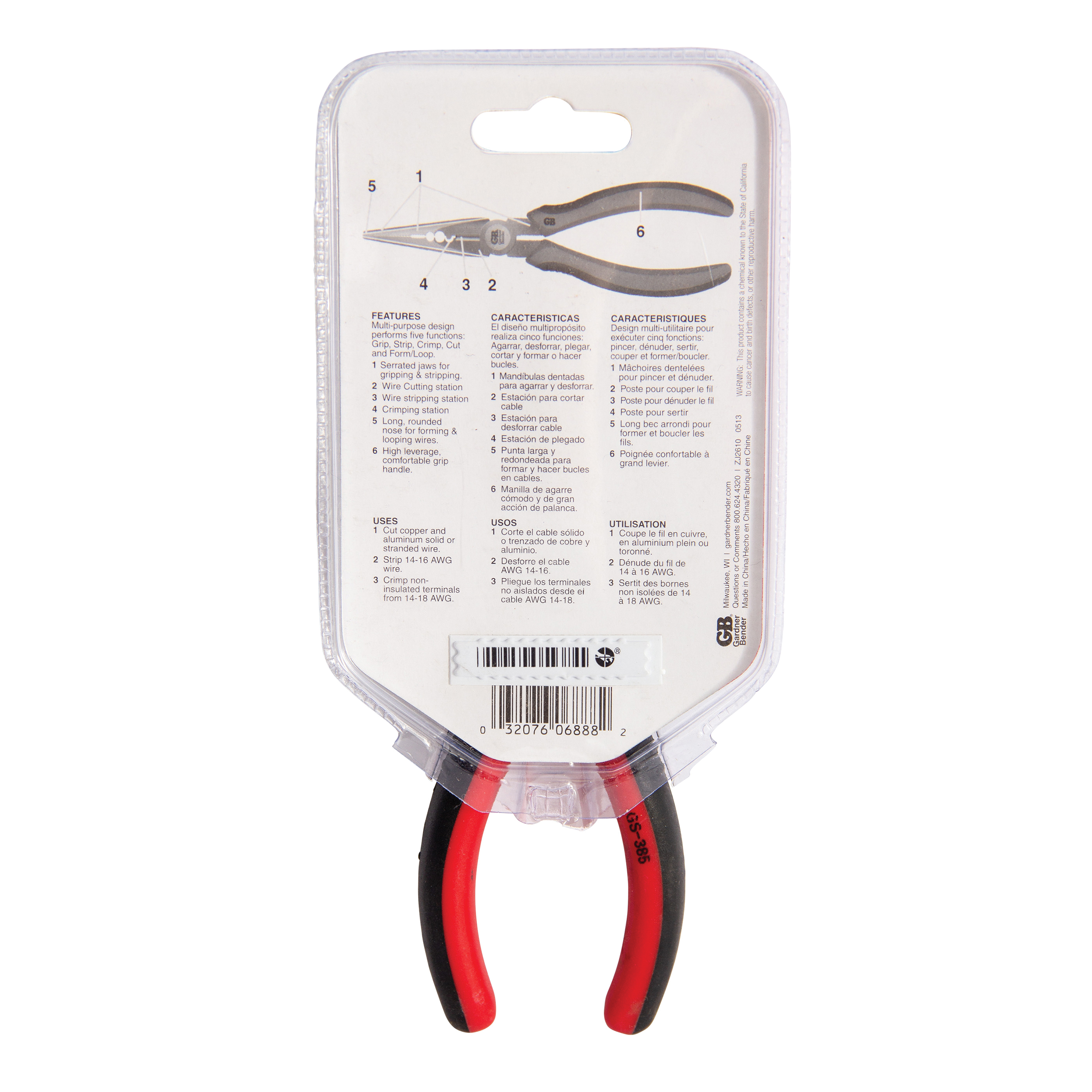 Gardner Bender GS-385 Pliers, 6-3/4 in OAL, 1-1/2 in Jaw Opening, Red Handle, Cushion Handle, 1/4 in W Tip - 4
