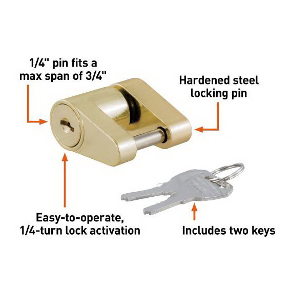 Curt 23022 Padlock Coupler Lock, 1/4 in Dia Pin, 1-3/4 in OAL, Steel, Brass - 3