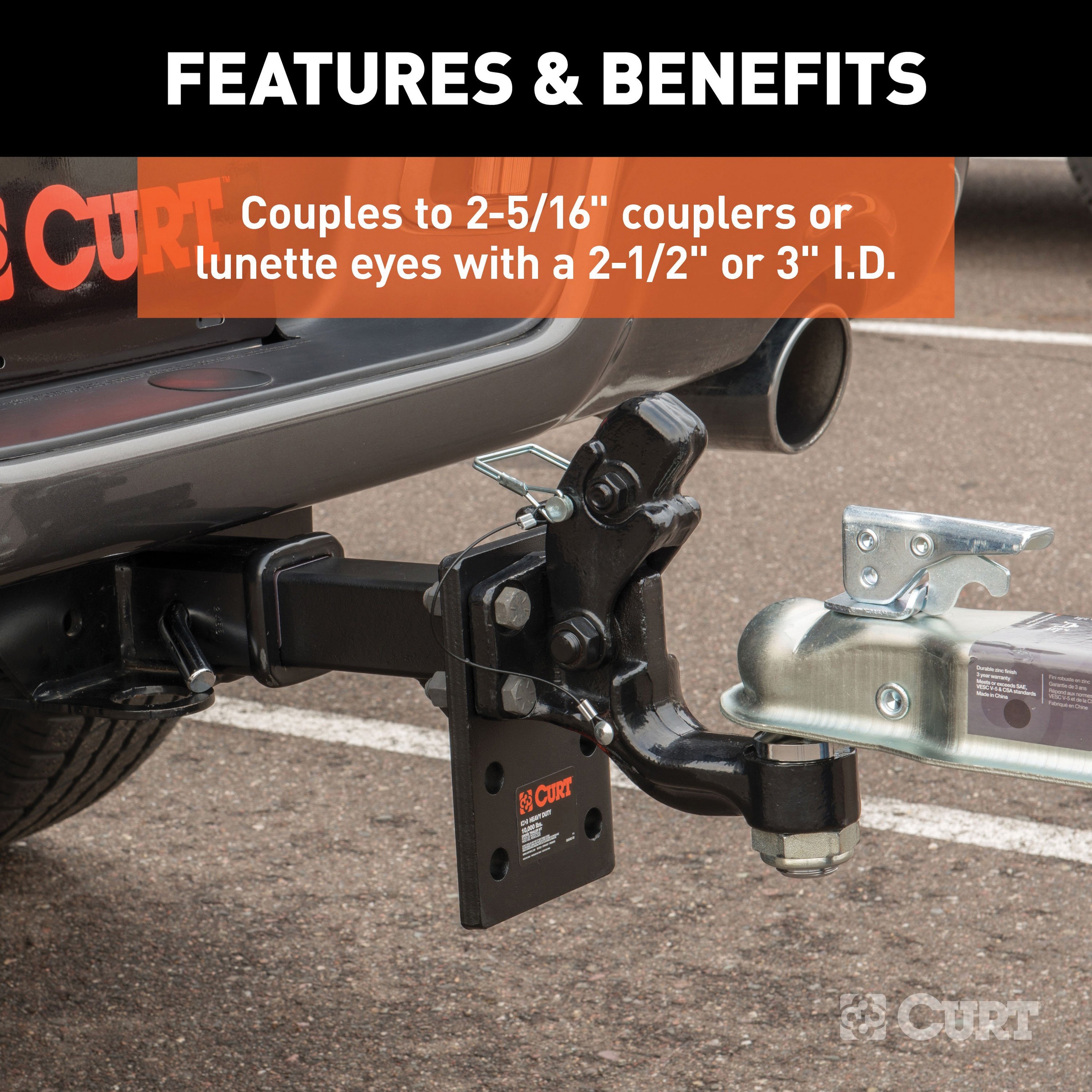 Curt 48200 Ball and Pintle Combination, 2-5/16 in Dia Eye, 16,000 lb Working Load, Steel, Powder-Coated - 5