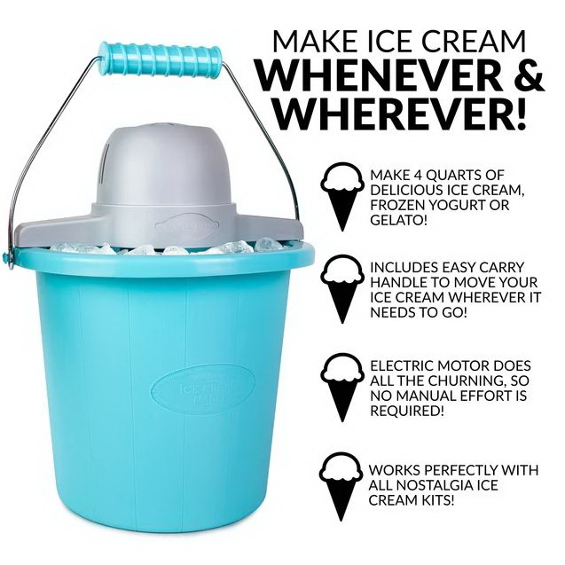 Nostalgia PICM4BG Electric Ice Cream Maker with Easy-Carry Handle, 4 qt, Plastic Housing Material, Blue - 2