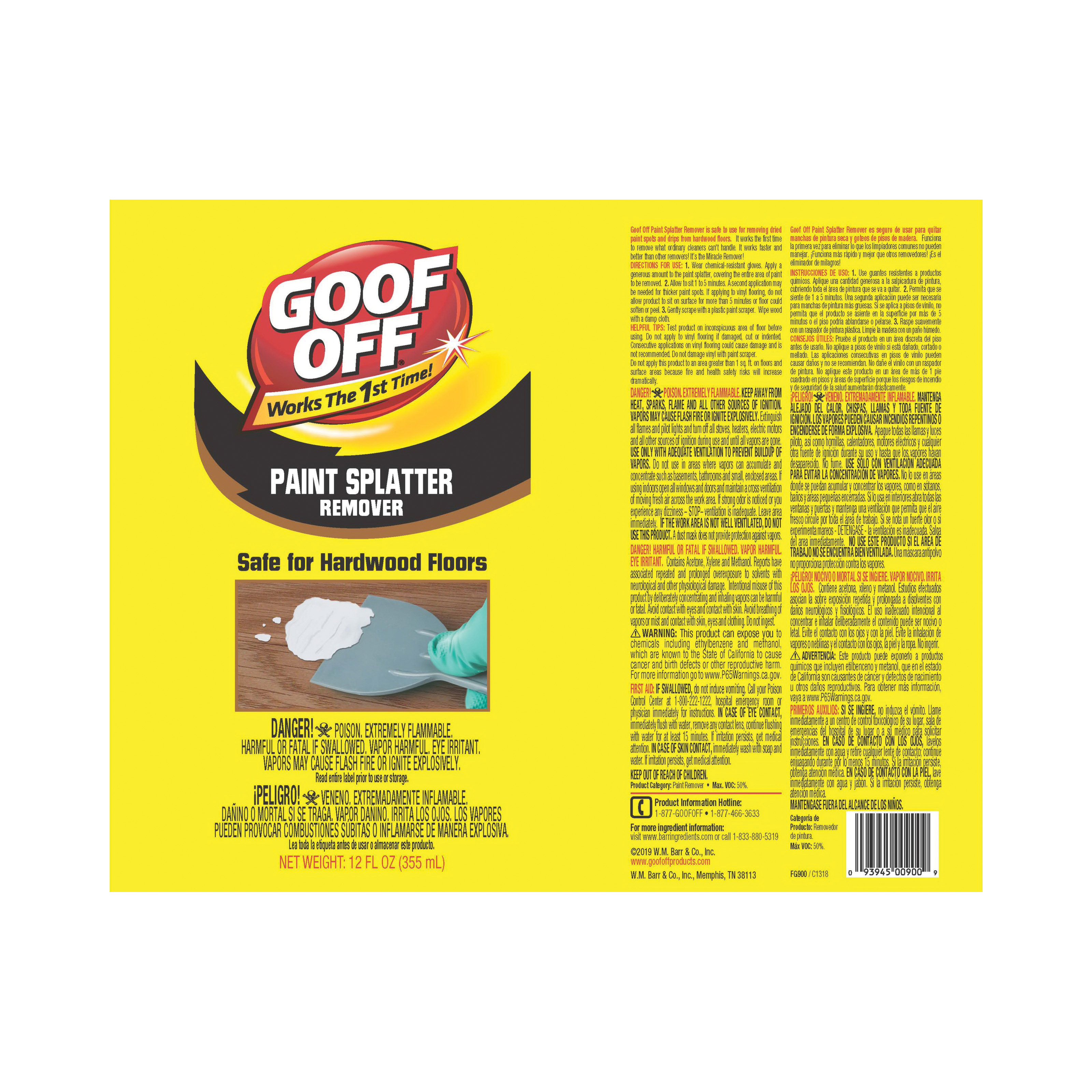 Goof Off FG900 Paint Splatter Remover, Liquid, Aromatic, Clear/Yellow, 12 oz - 2