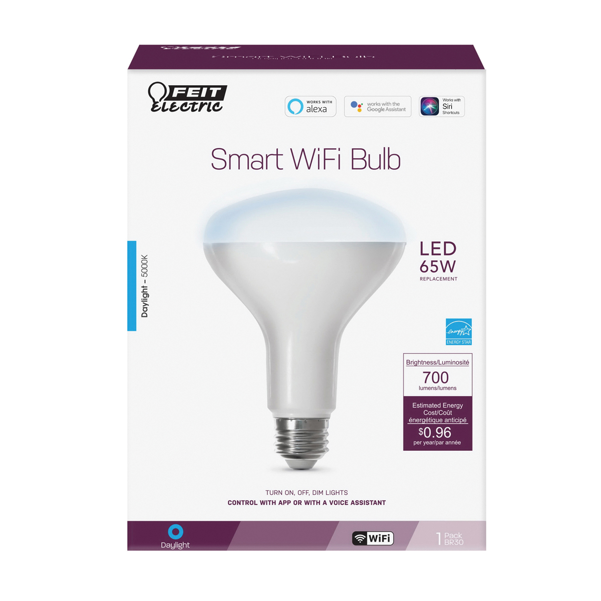 Feit Electric BR30/950CA/AG Smart Bulb, 700 Lumens, 5000 K Color Temp, 8 W, Wi-Fi Connectivity: 2.4 GHz, Voice Control - 2