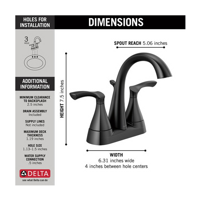 Delta SANDOVER 25748LF-BL Series Centerset Bathroom Faucet, Matte Black, 6-5/16 in Plate Size, 5-1/16 in, 1.2 gpm - 2