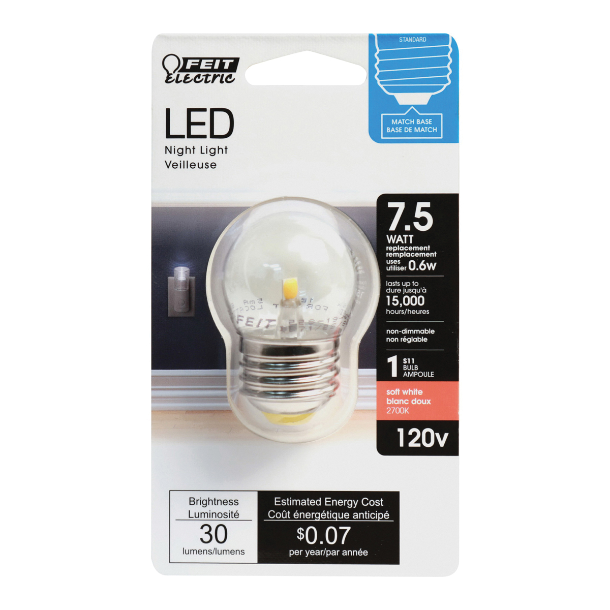 Feit Electric BP71/2S/827/LED Night Light Bulb, 0.6 W, E26 Medium Lamp Base, S11 Lamp, Soft White Light - 2