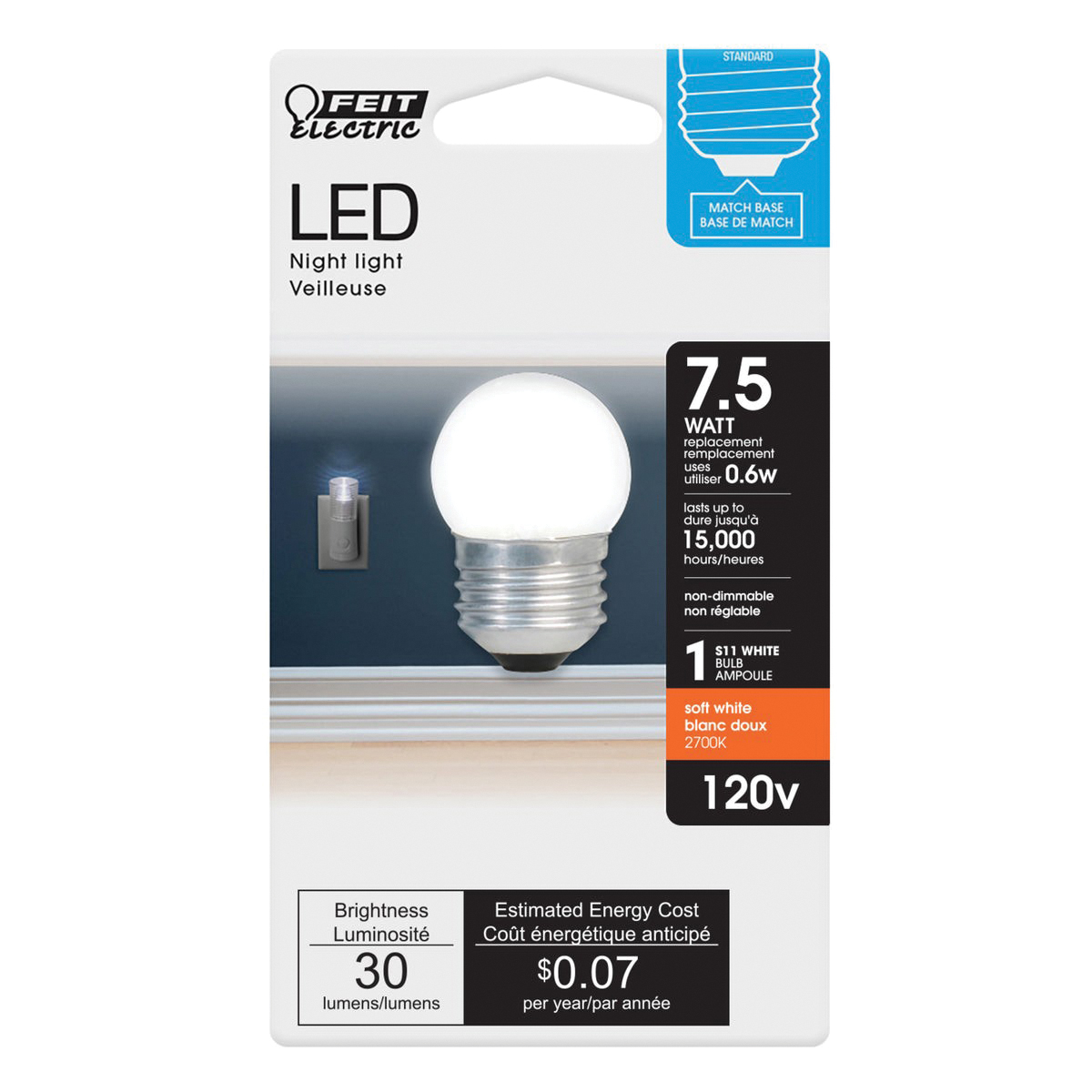 Feit Electric BP71/2S/W/LED LED Night Light Bulb, 0.6 W, E26 Medium Lamp Base, S11 Lamp, Soft White, 30 Lumens - 2