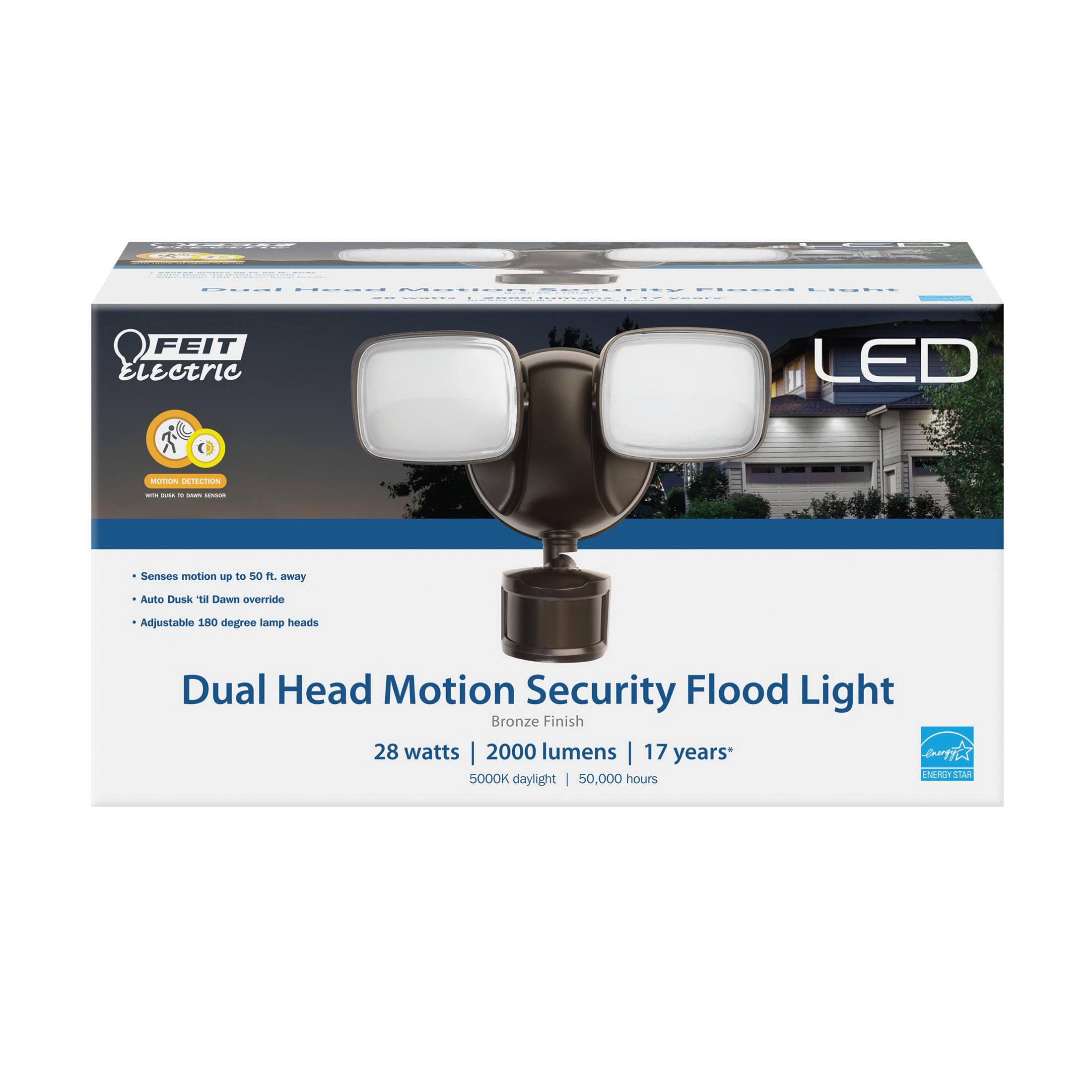 Feit Electric S9DFL/850/MOT/BZ Dual-Head Flood Light, 7.65 in H x 8.9 in W x 4.82 in D Dimensions, 2000 Lumens, 120 V - 2