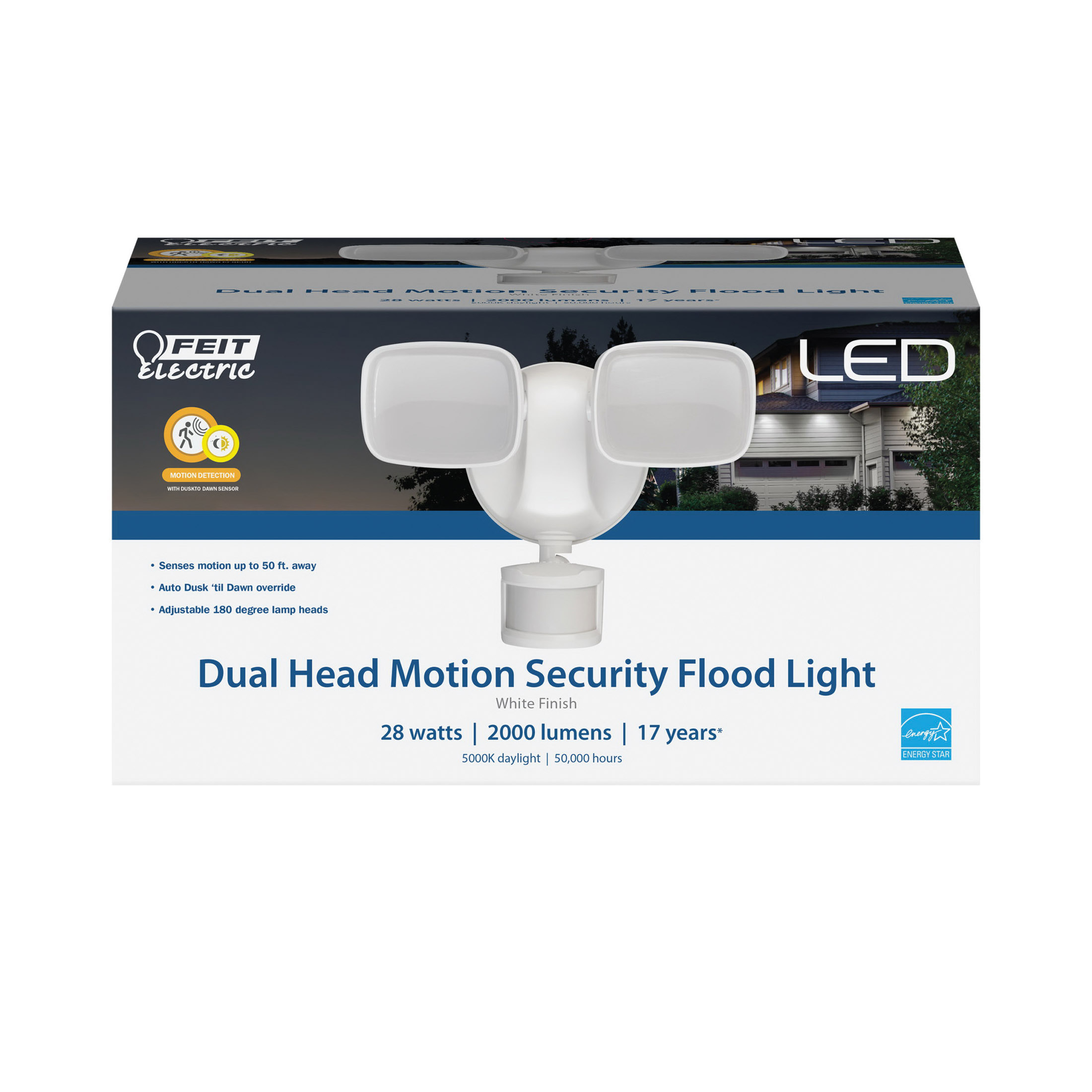 Feit Electric S9DFL/850/MOT/WH Dual-Head Flood Light, 120 V, LED Lamp, Daylight Light, 2000 Lumens, White Fixture - 2