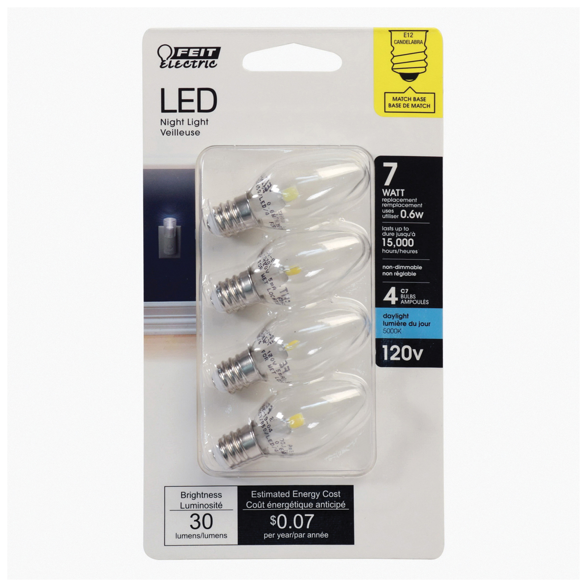 Feit Electric BP7C7/850/LED/4 Night Light LED Bulb, Soft White Light, Clear Lamp, 0.6 W, E12 Candelabra Lamp Base, 120 V - 2