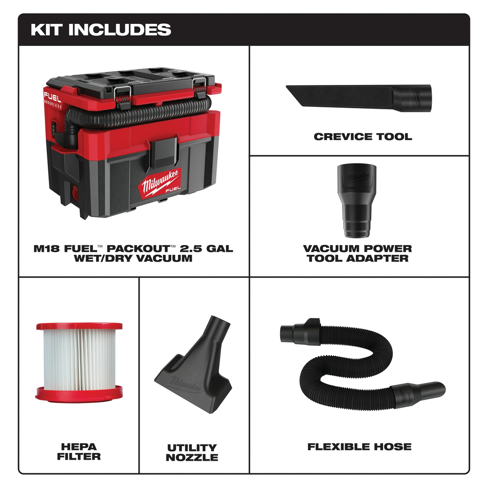 Milwaukee M18 FUEL PACKOUT 0970-20 Cordless Wet and Dry Vacuum Cleaner, 2.5 gal, 50 cfm Air, 87 dBA, HEPA, 18 V - 2