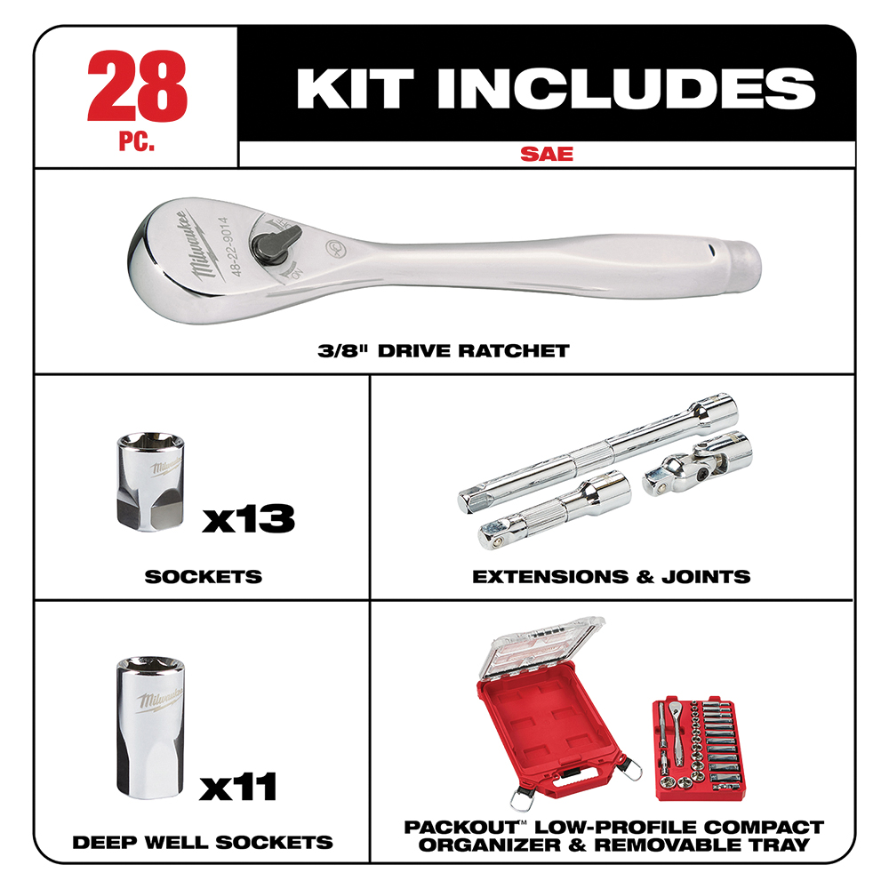 Milwaukee 48-22-9481 SAE Ratchet and Socket Set, Alloy Steel, Chrome, Specifications: 3/8 in Drive - 2