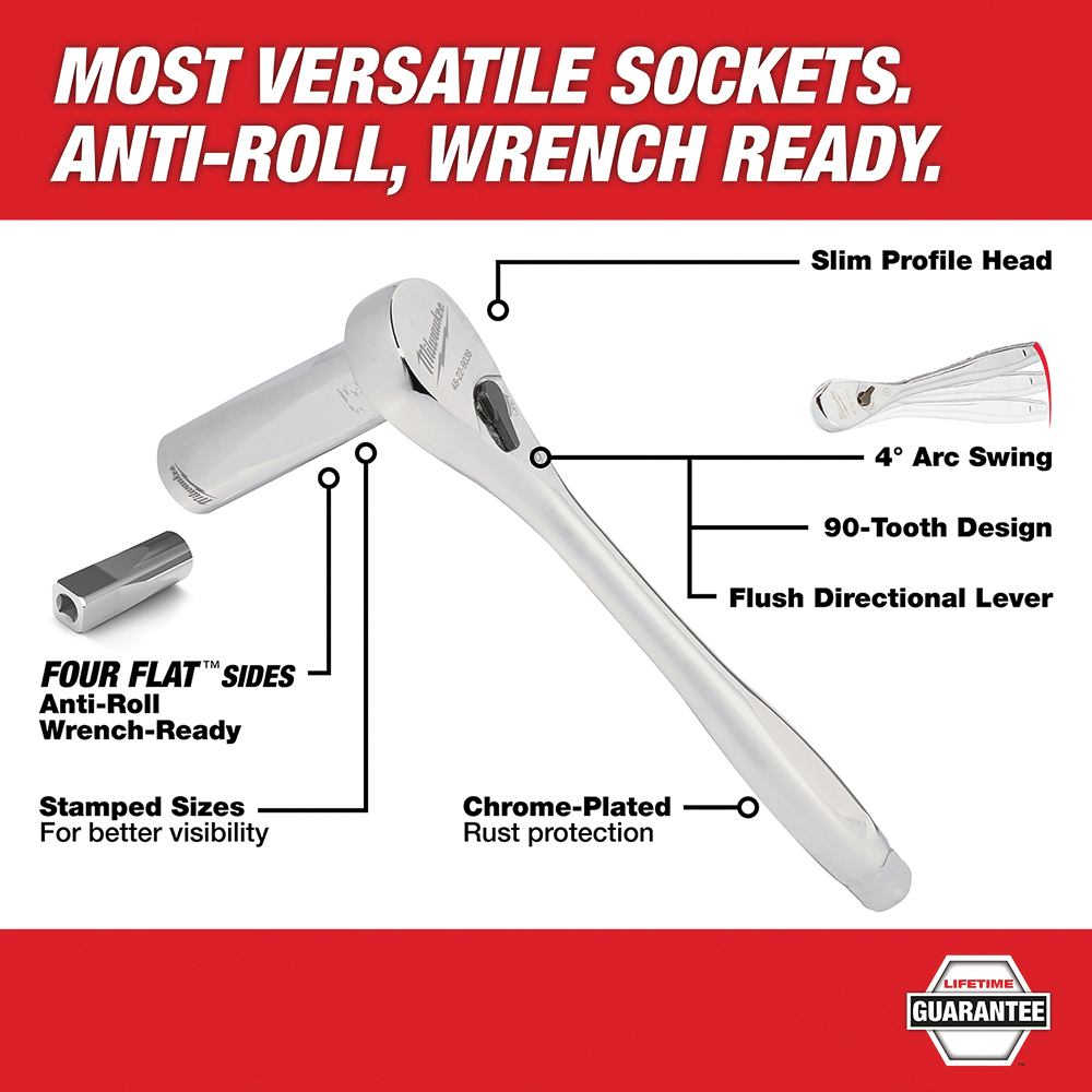 Milwaukee 48-22-9481 SAE Ratchet and Socket Set, Alloy Steel, Chrome, Specifications: 3/8 in Drive - 3