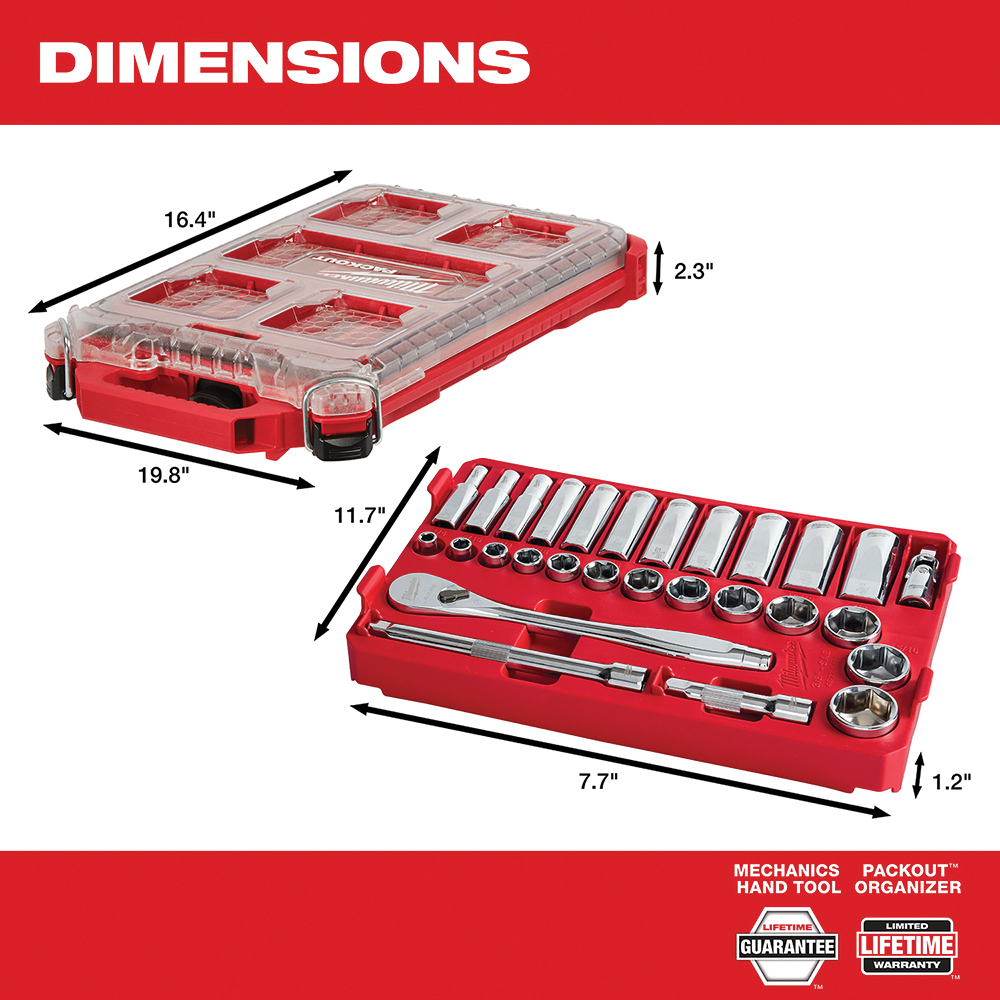 Milwaukee 48-22-9481 SAE Ratchet and Socket Set, Alloy Steel, Chrome, Specifications: 3/8 in Drive - 4