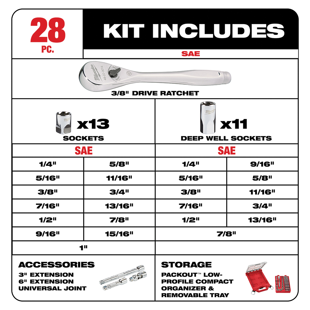Milwaukee 48-22-9481 SAE Ratchet and Socket Set, Alloy Steel, Chrome, Specifications: 3/8 in Drive - 5
