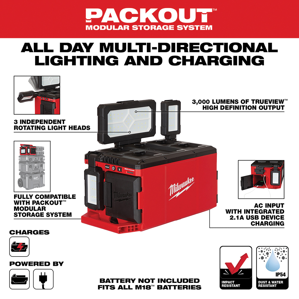 Milwaukee M18 PACKOUT 2357-20 Flood Light/Charger, 18 V, Lithium-Ion Battery, 3-Lamp, LED Lamp, 3000 Lumens, Red - 2