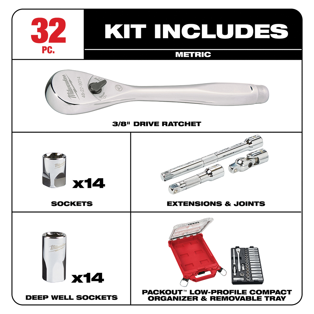 Milwaukee 48-22-9482 Metric Ratchet and Socket Set, Specifications: 3/8 in Drive - 2