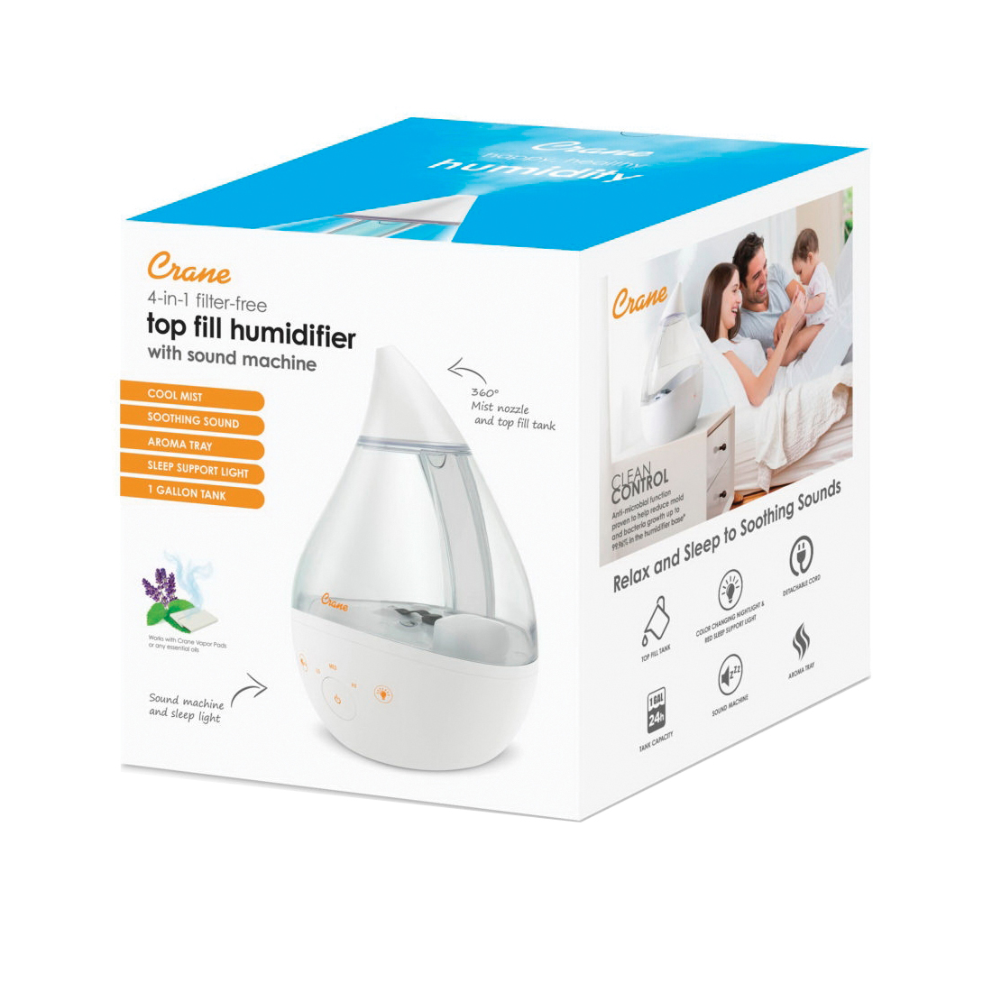 Crane EE-5306 EE-5306CW Drop Cool Mist Humidifier with Sound Machine, 1 A, 24 VDC, 3-Speed, 500 sq-ft Coverage Area - 5