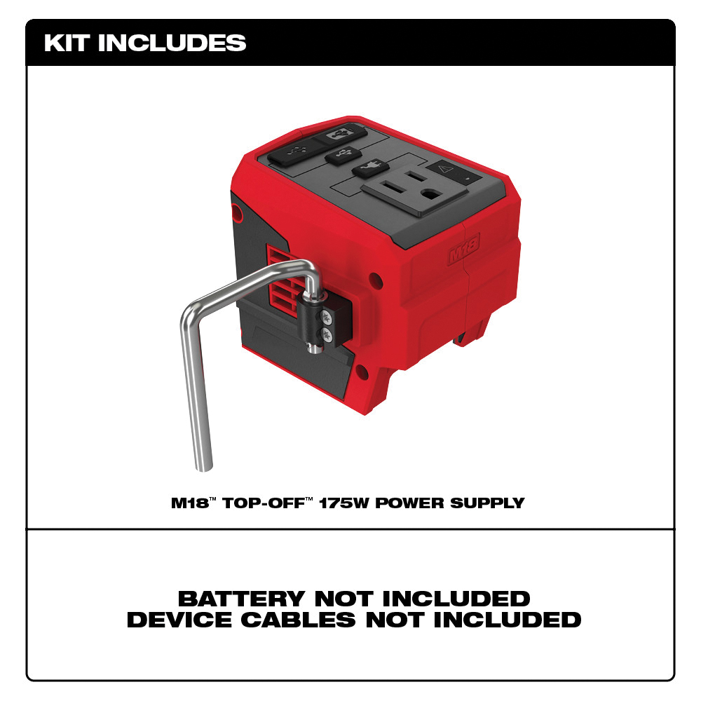 Milwaukee M18 TOP-OFF 2846-20 Power Supply, 18 VDC Input, 1.67/2.4/3 A Output, 175 W Nominal Output, 1 -Outlet - 2