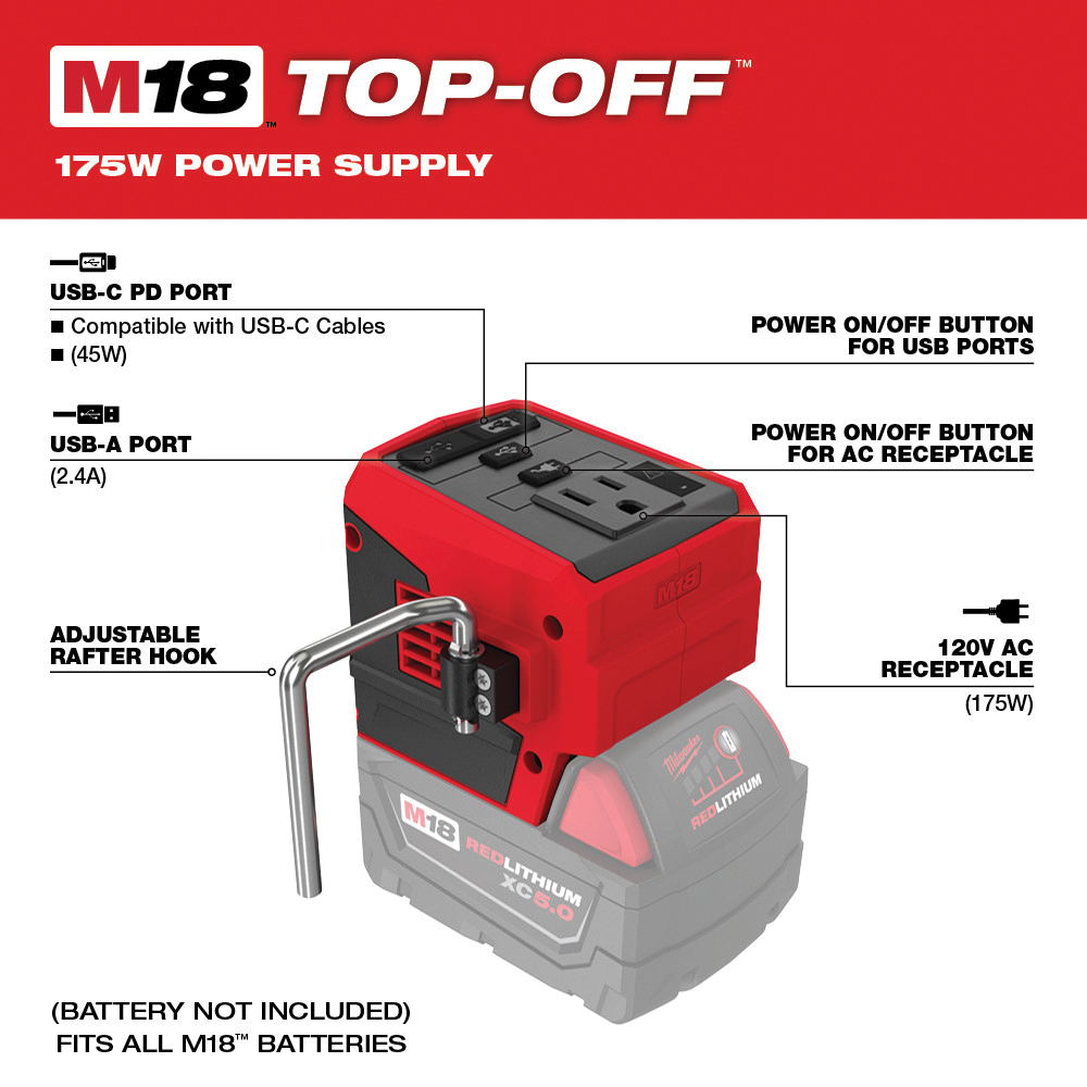 Milwaukee M18 TOP-OFF 2846-20 Power Supply, 18 VDC Input, 1.67/2.4/3 A Output, 175 W Nominal Output, 1 -Outlet - 3