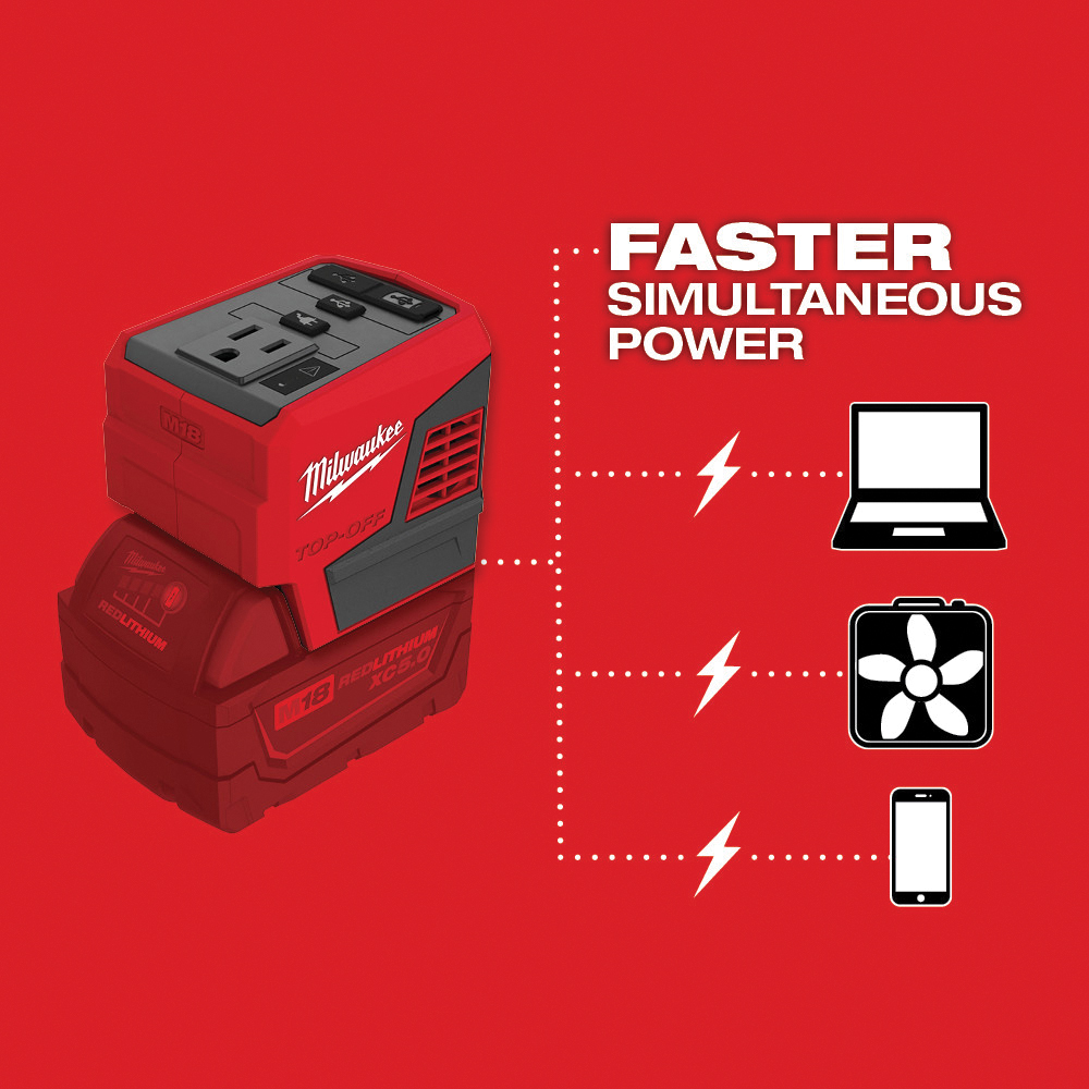 Milwaukee M18 TOP-OFF 2846-20 Power Supply, 18 VDC Input, 1.67/2.4/3 A Output, 175 W Nominal Output, 1 -Outlet - 4