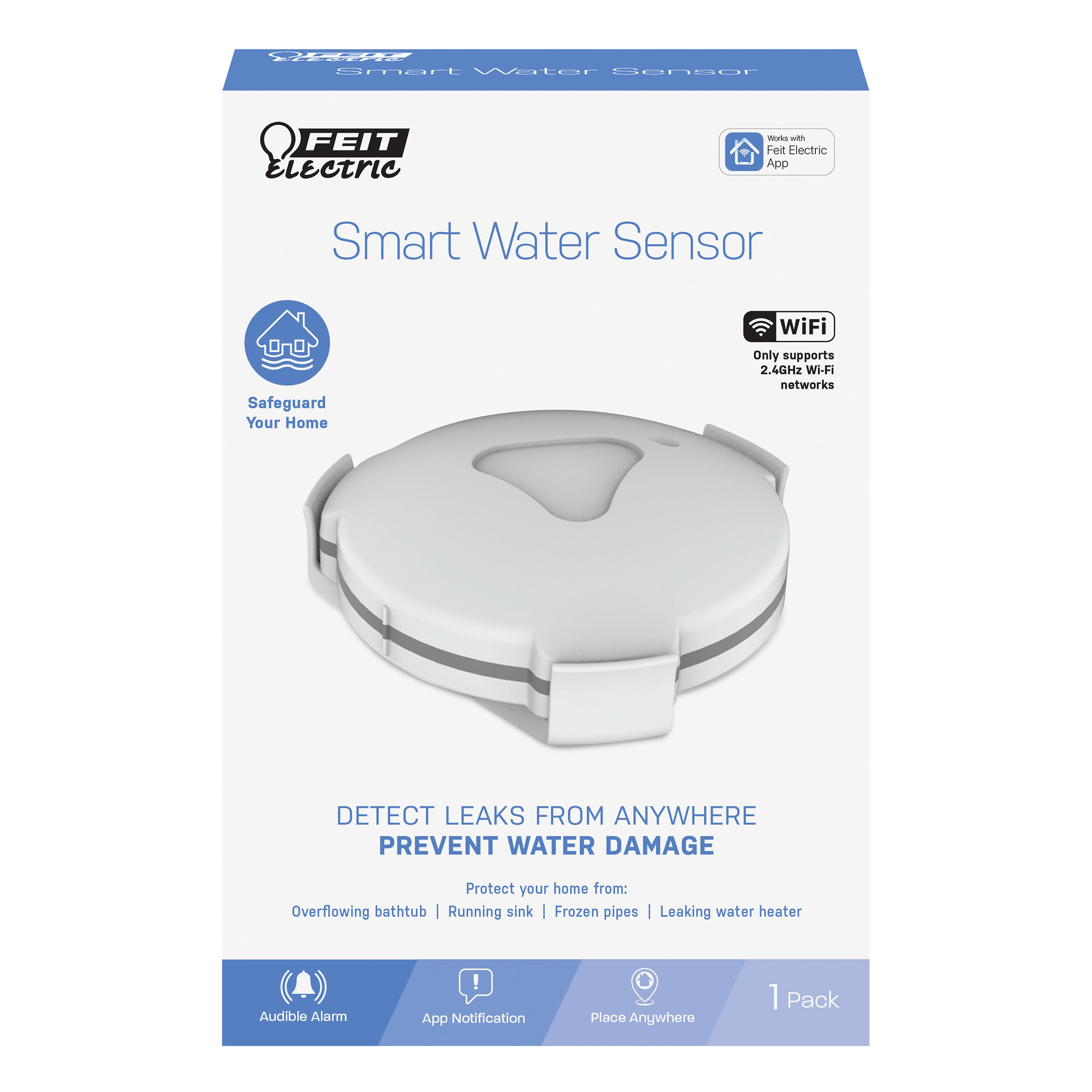 Feit Electric H2O/WIFI Wi-Fi Water Sensor, Alarm: Audible, Surface Mounting, White - 2