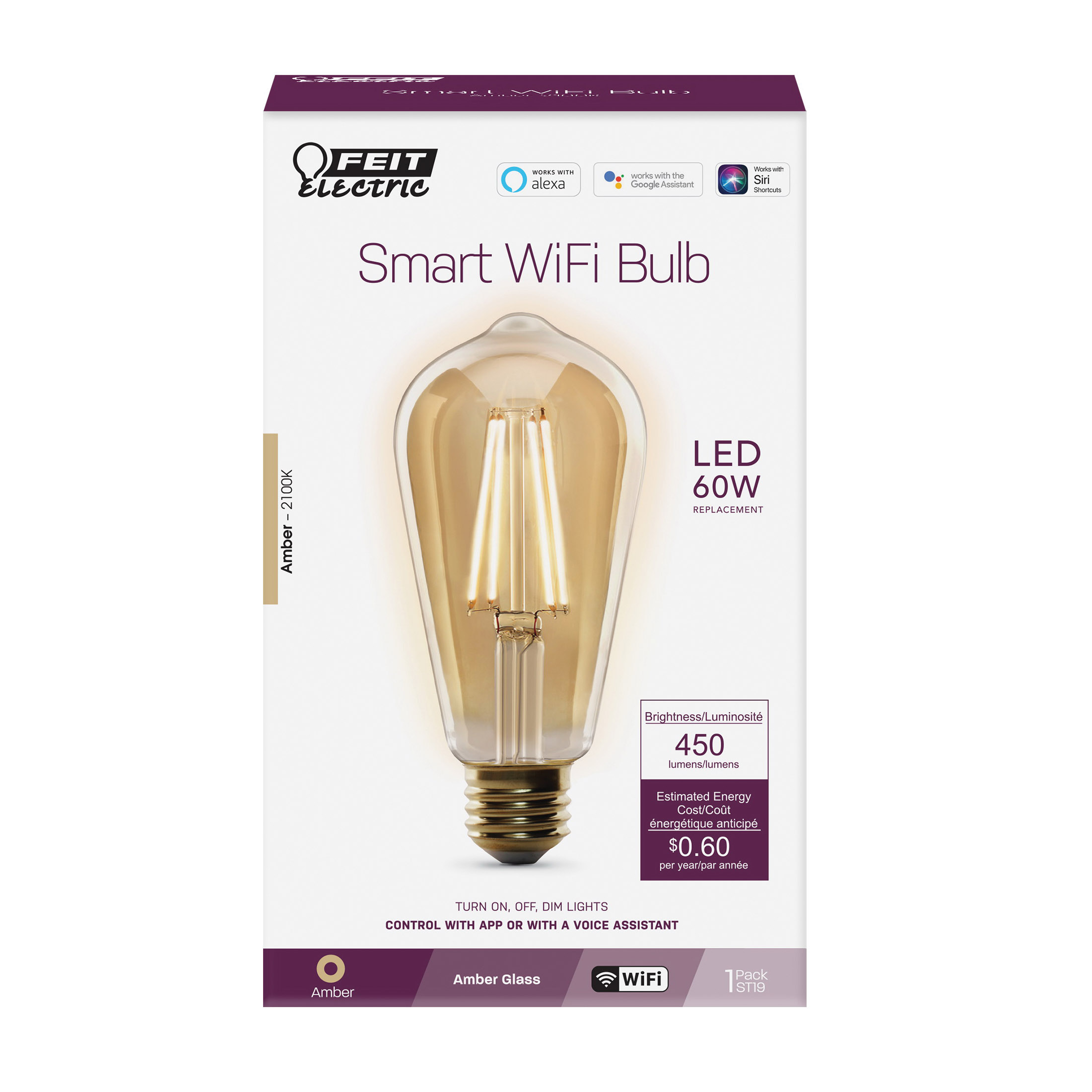 Feit Electric ST1960/FIL/AG Smart Bulb, 5 W, Wi-Fi Connectivity: Yes, Remote, Voice Control, E26 Medium Lamp Base - 2