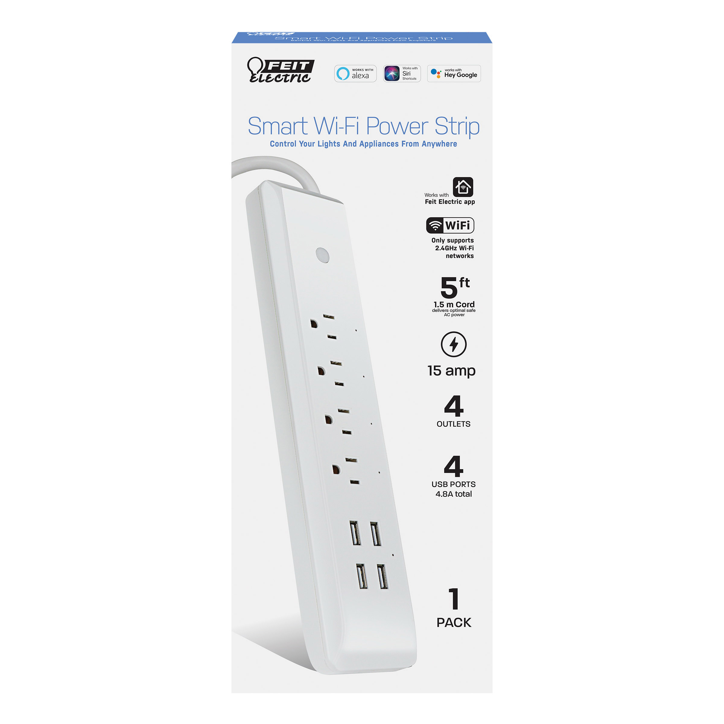 Feit Electric POWERSTRIP/WIFI Indoor Smart Wi-Fi Outlet and USB Port Plug, 14 AWG Cable, 4 -USB Port, 15 A, White - 2