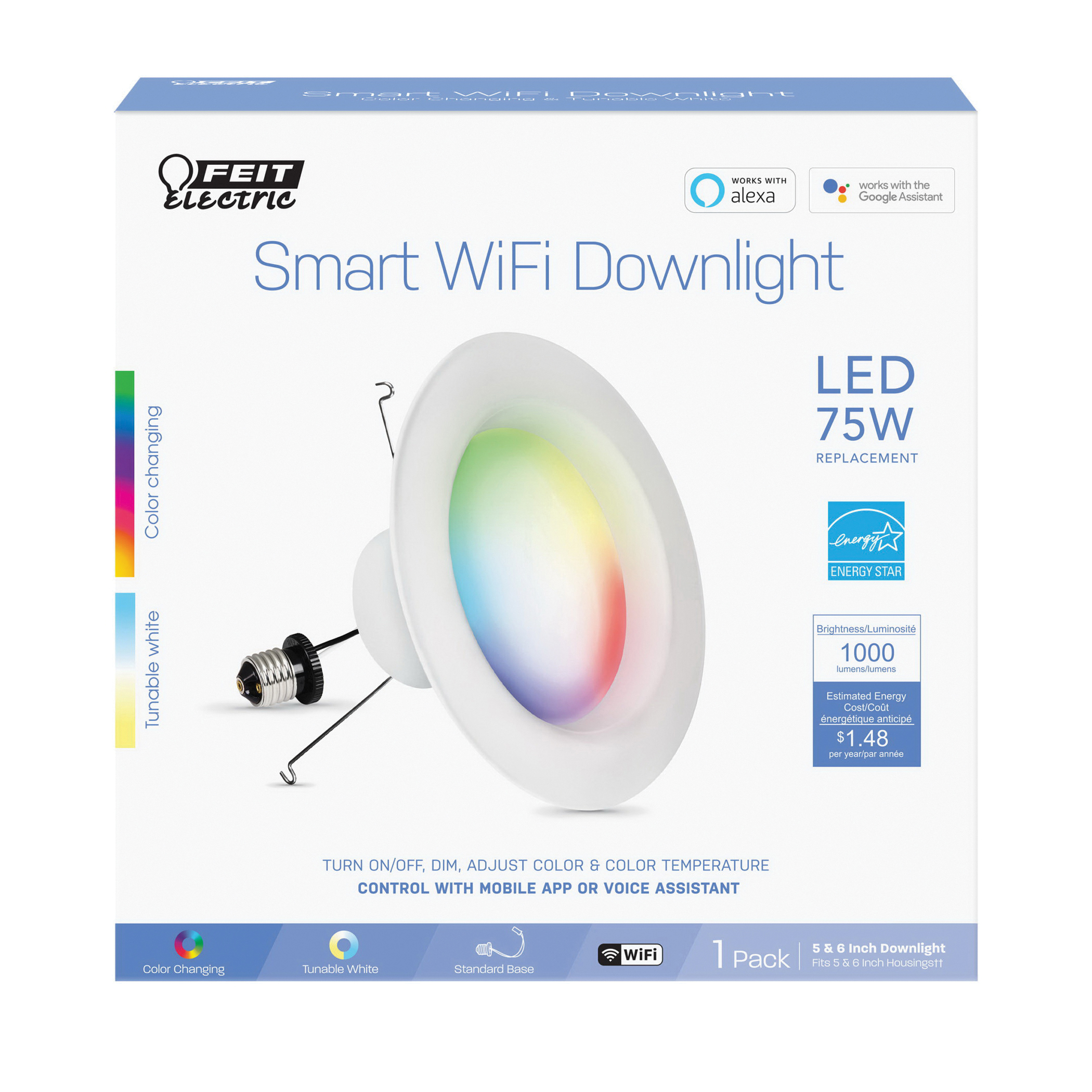 Feit Electric LEDR6/RGBW/AG/RP Smart Downlight, 11.1 W, 120 V, LED Lamp, 1000 Lumens, 6500 K Color Temp, Recessed - 2