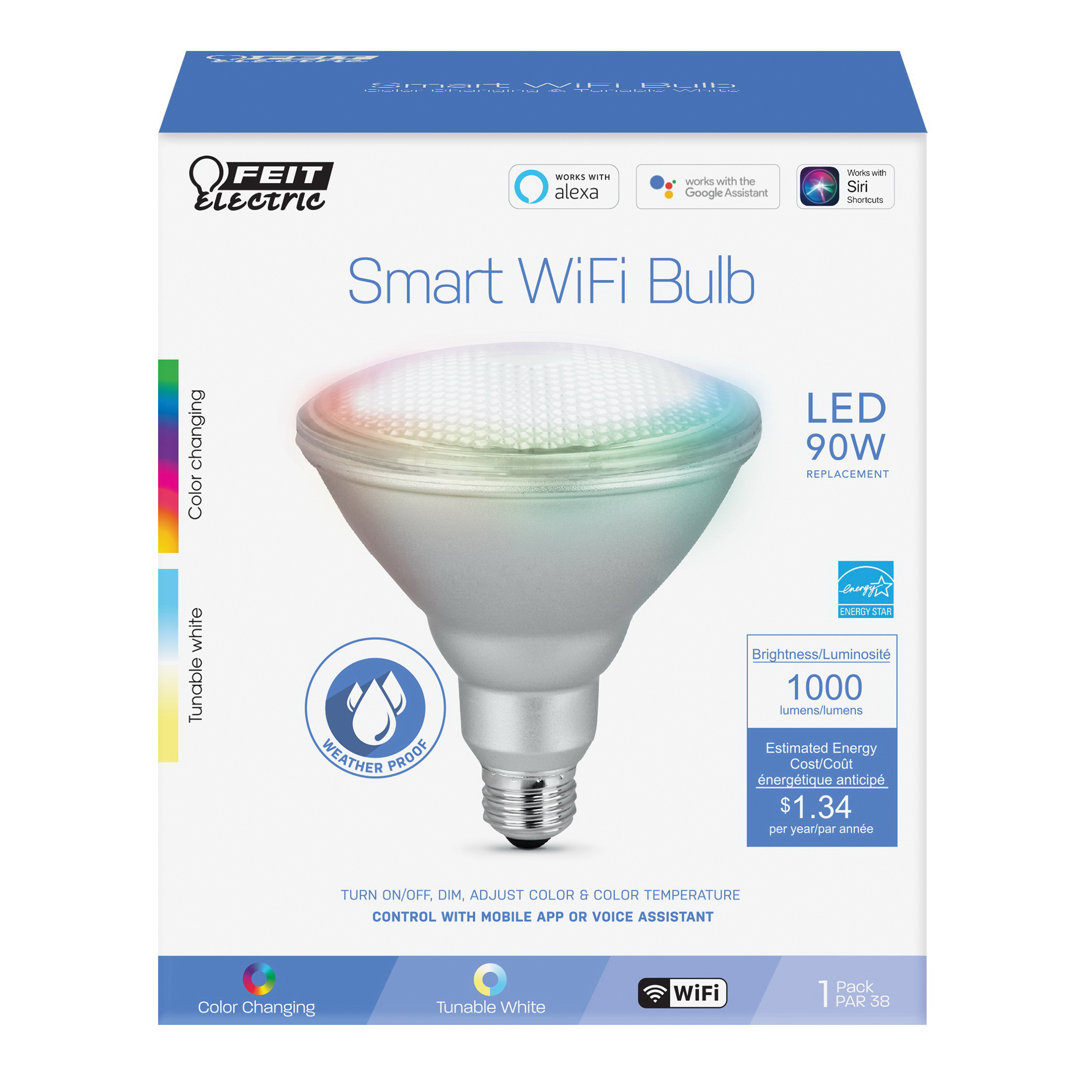 Feit Electric PAR38/RGBW/CA/AG Smart Bulb, 11.1 W, Wi-Fi Connectivity: Yes, Voice Control, E26 Medium Lamp Base - 2