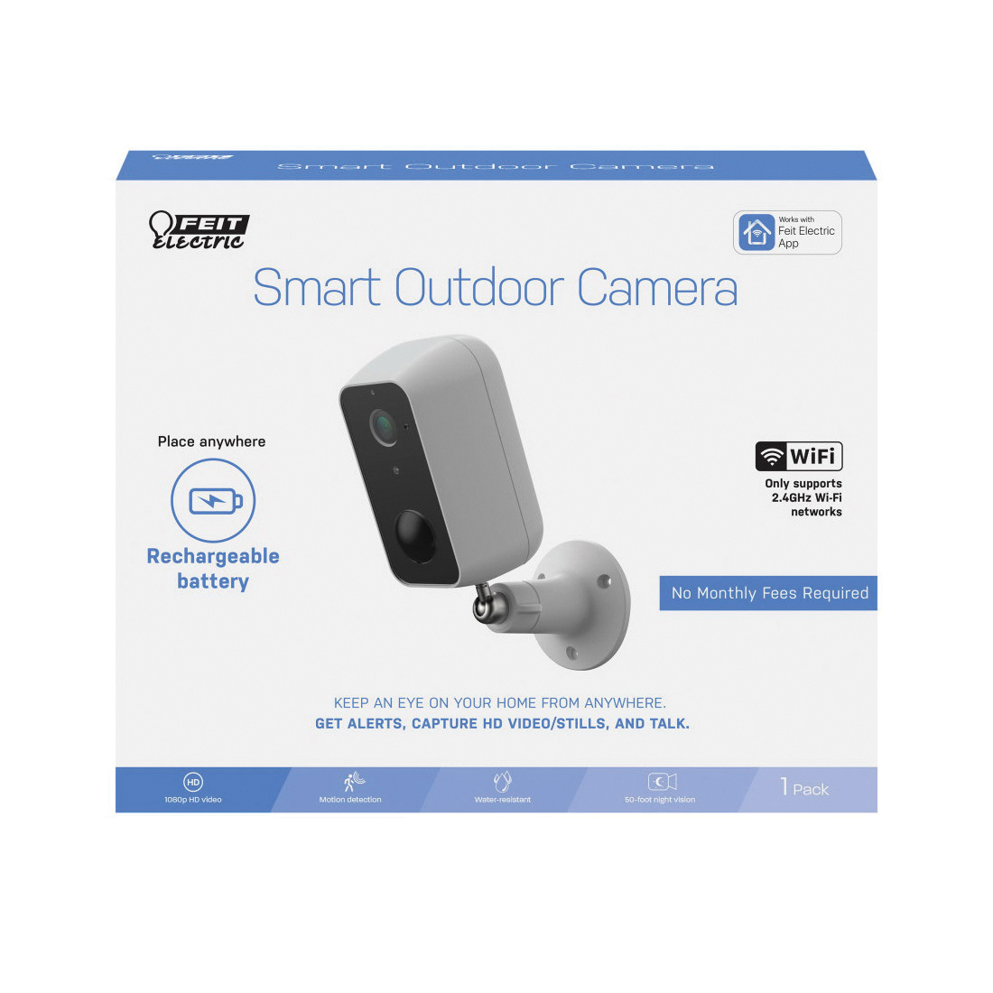 Feit Electric CAM/WM/WIFI/BAT Smart Camera, 130 deg View, 1080 pixel Resolution, Night Vision: 30 ft, Black/White - 2