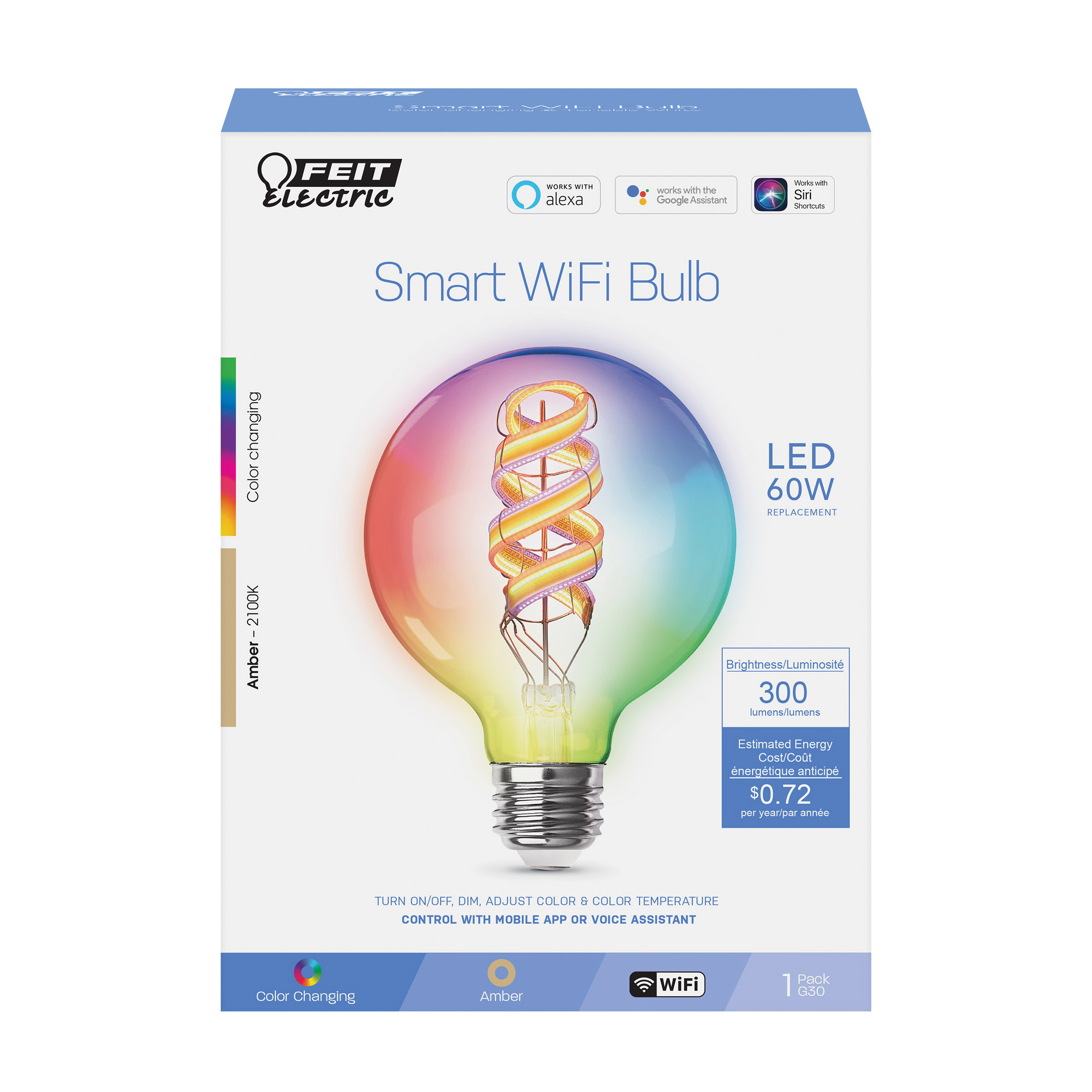 Feit Electric G3060/RGBW/FIL/AG Smart Bulb, 6 W, Wi-Fi Connectivity: Yes, Remote, Voice Control, LED Lamp - 2