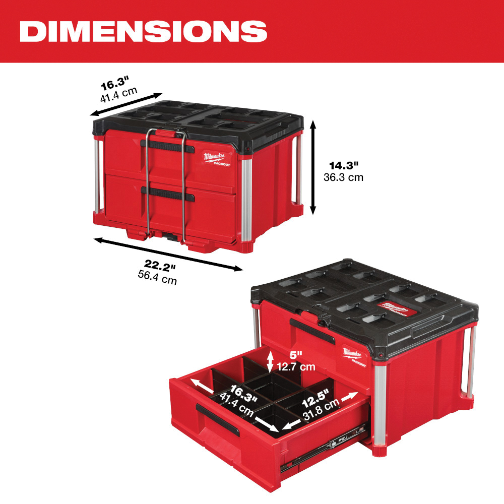 Milwaukee PACKOUT 48-22-8442 Tool Box, 50 lb, Black/Red, Polypropylene, 22.2 in L x 16.3 in W x 14.3 in H Outside - 3