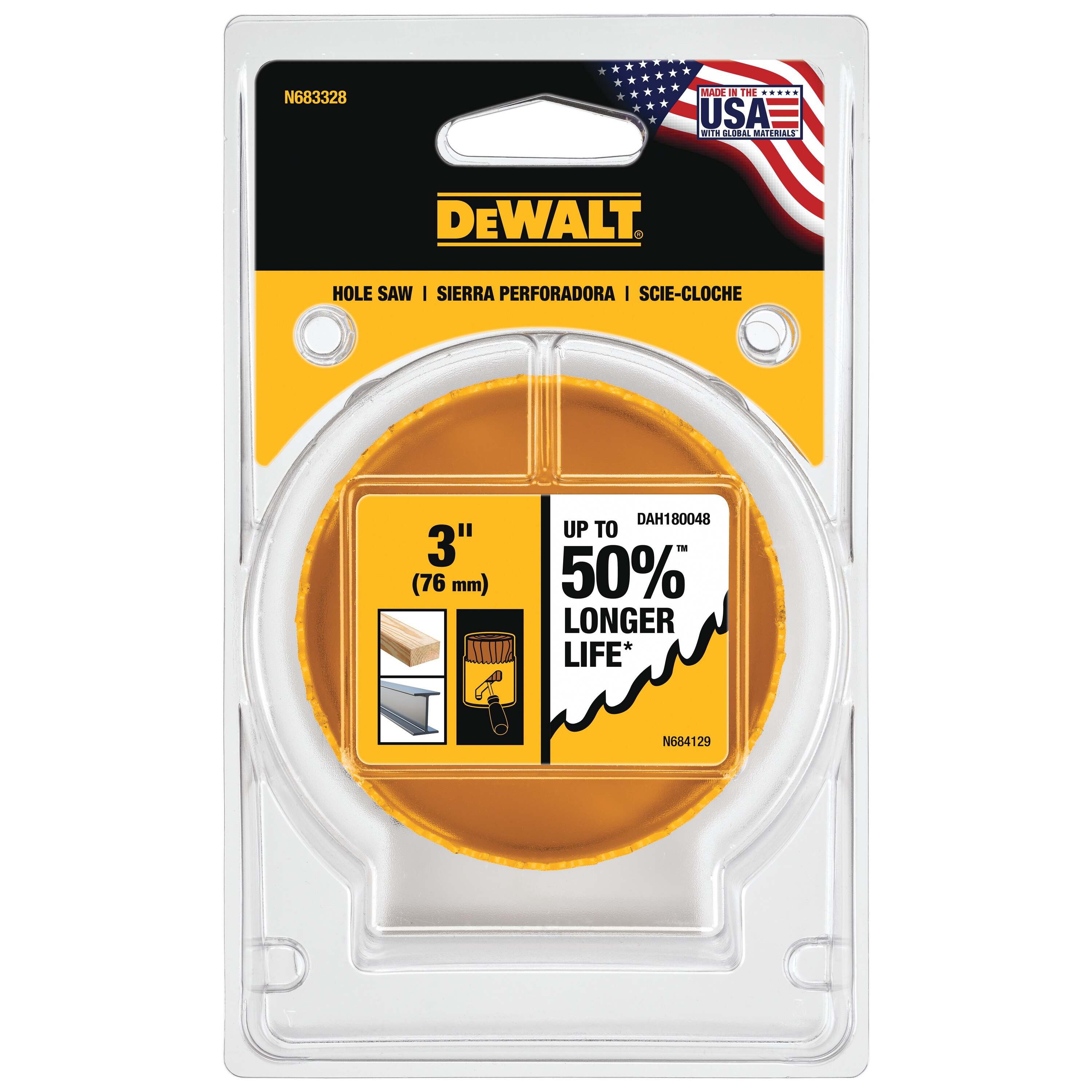 DEWALT DAH180048 Hole Saw, 3 in Dia, 1-3/4 in D Cutting, 5/8-18 Arbor, 4/5 TPI, HSS Cutting Edge - 5