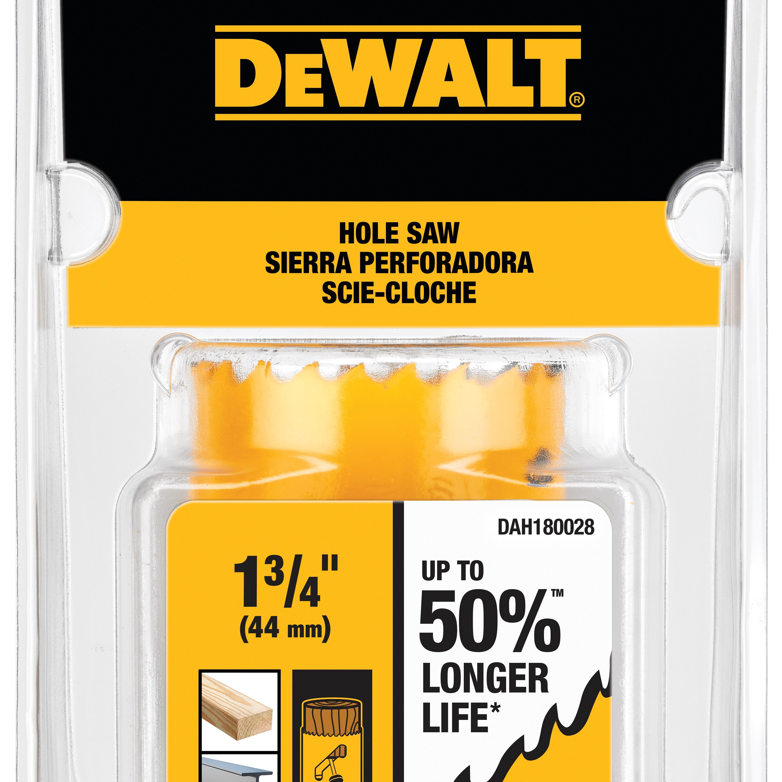 DEWALT DAH180028 Hole Saw, 1-3/4 in Dia, 1-3/4 in D Cutting, 5/8-18 Arbor, 4/5 TPI, HSS Cutting Edge - 5