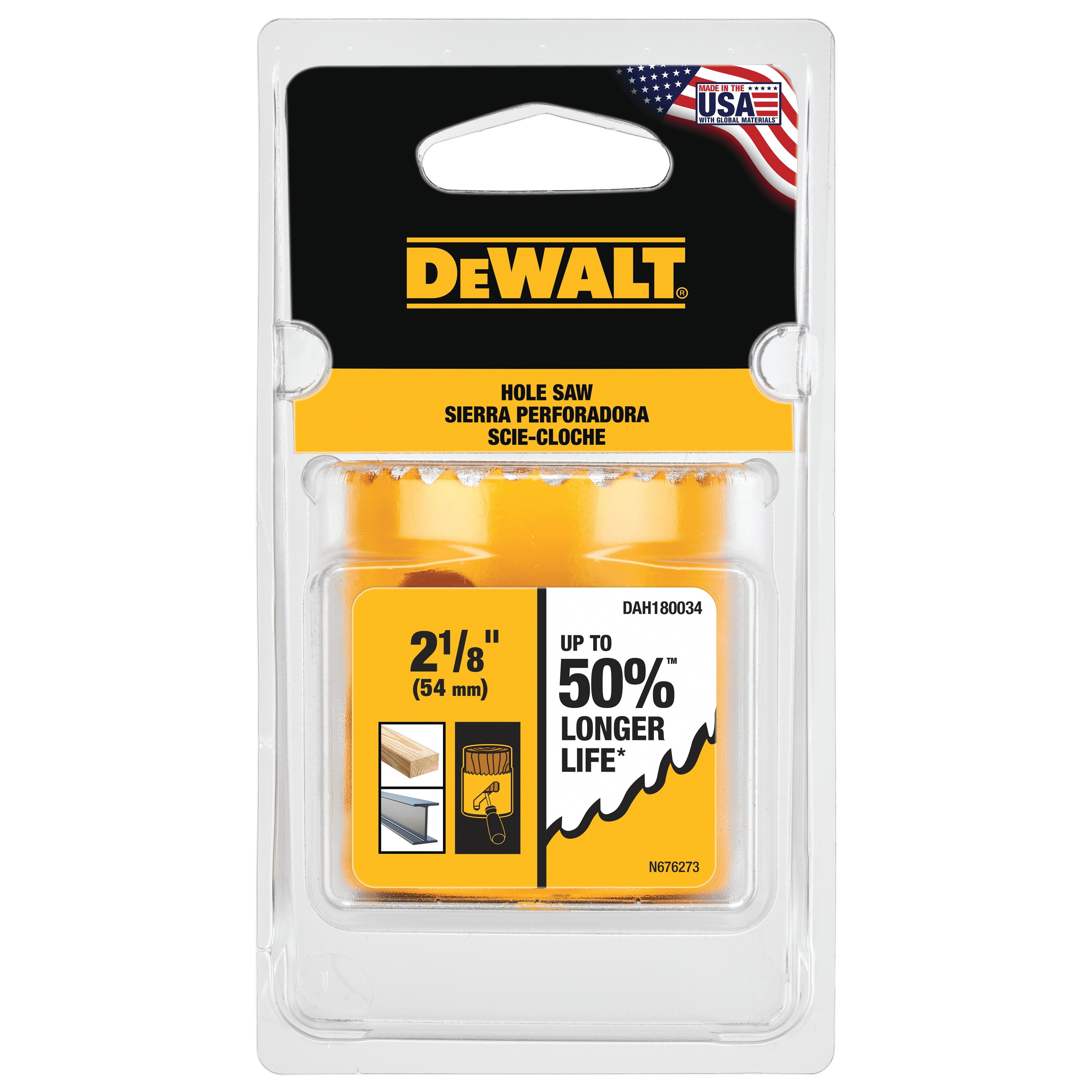DEWALT DAH180034 Hole Saw, 2-1/8 in Dia, 1-3/4 in D Cutting, 5/8-18 Arbor, 4/5 TPI, HSS Cutting Edge - 5