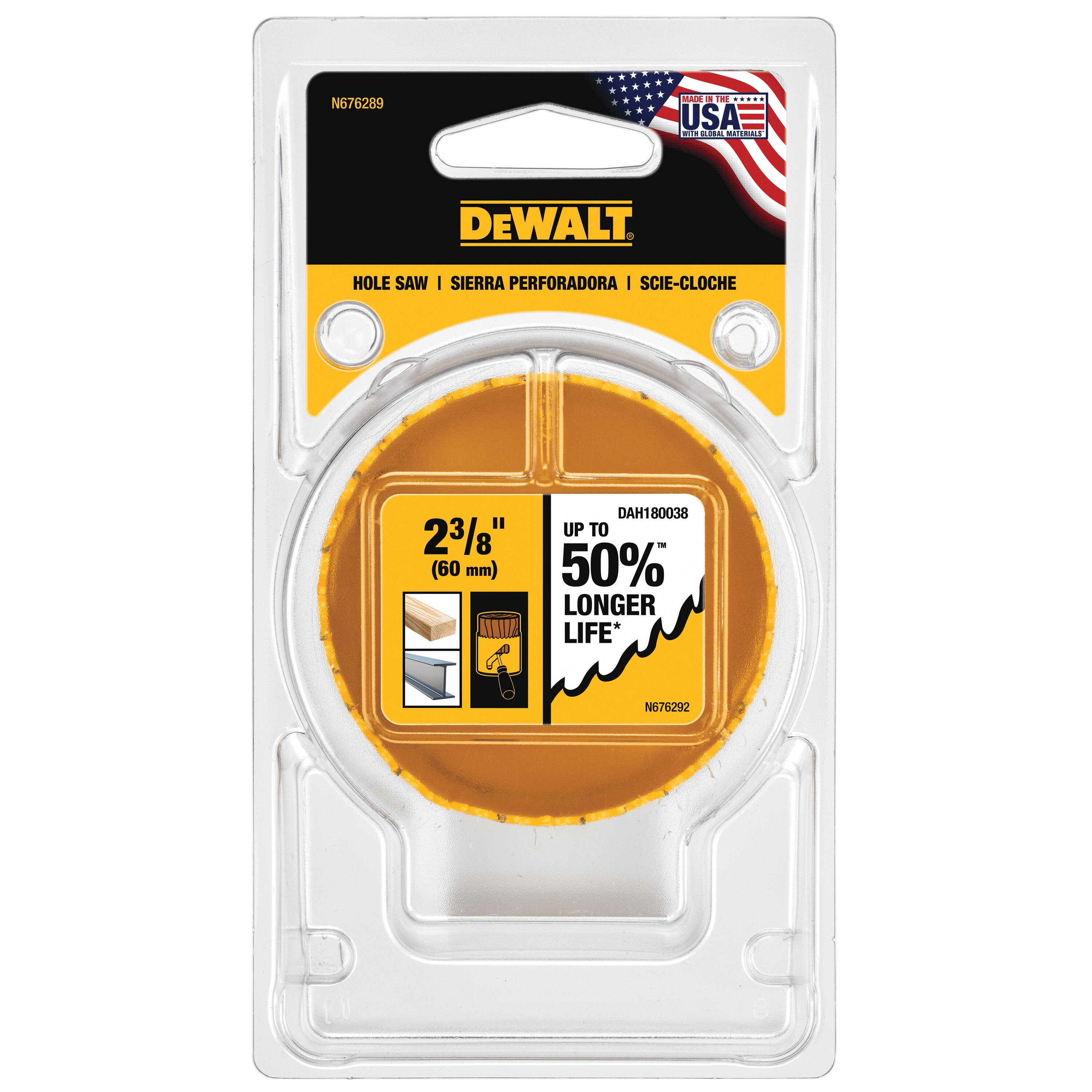 DEWALT DAH180038 Hole Saw, 2-3/8 in Dia, 1-3/4 in D Cutting, 5/8-18 Arbor, 4/5 TPI, HSS Cutting Edge - 5
