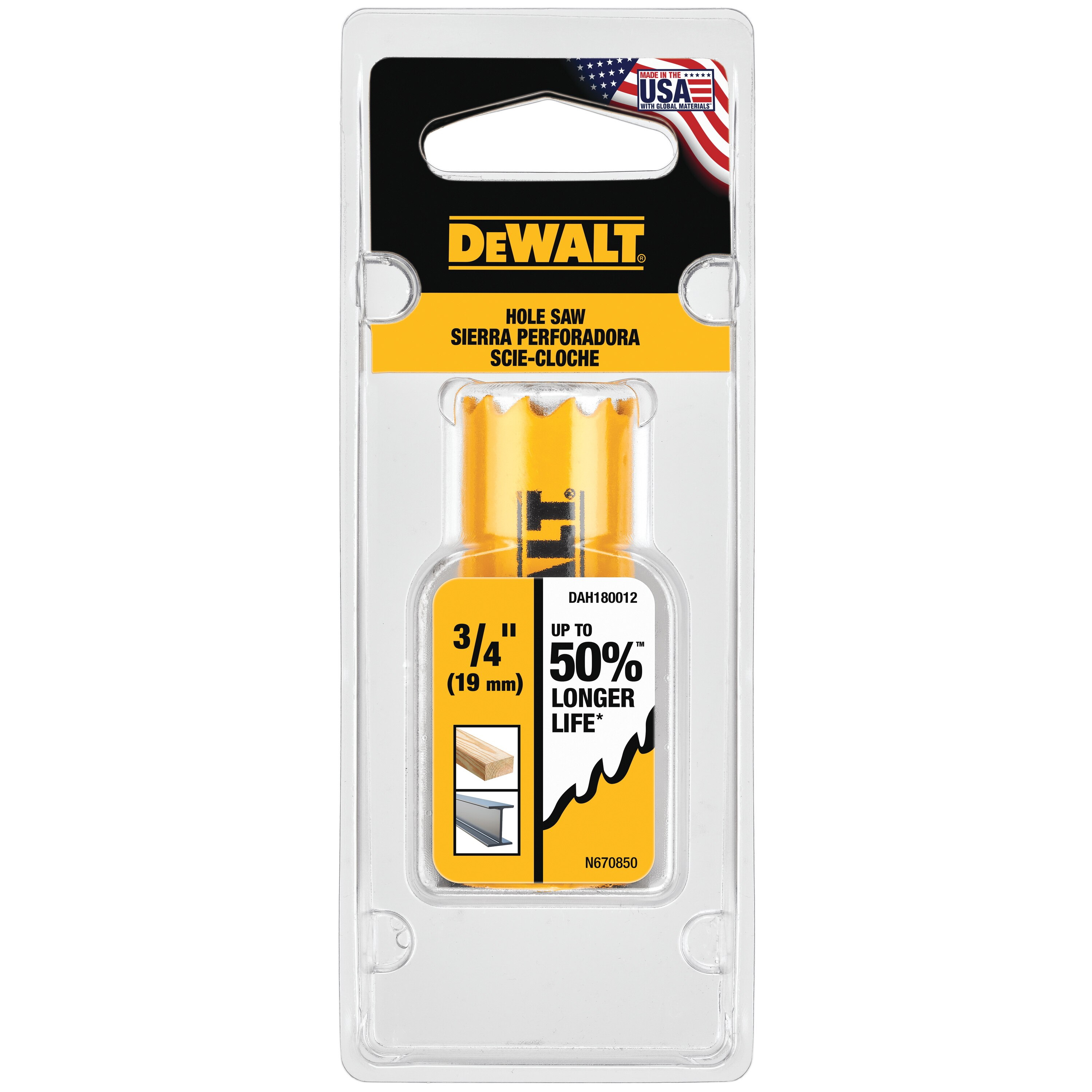 DEWALT DAH180012 Hole Saw, 3/4 in Dia, 1-3/4 in D Cutting, 1/2-20 Arbor, 4/5 TPI, HSS Cutting Edge - 5