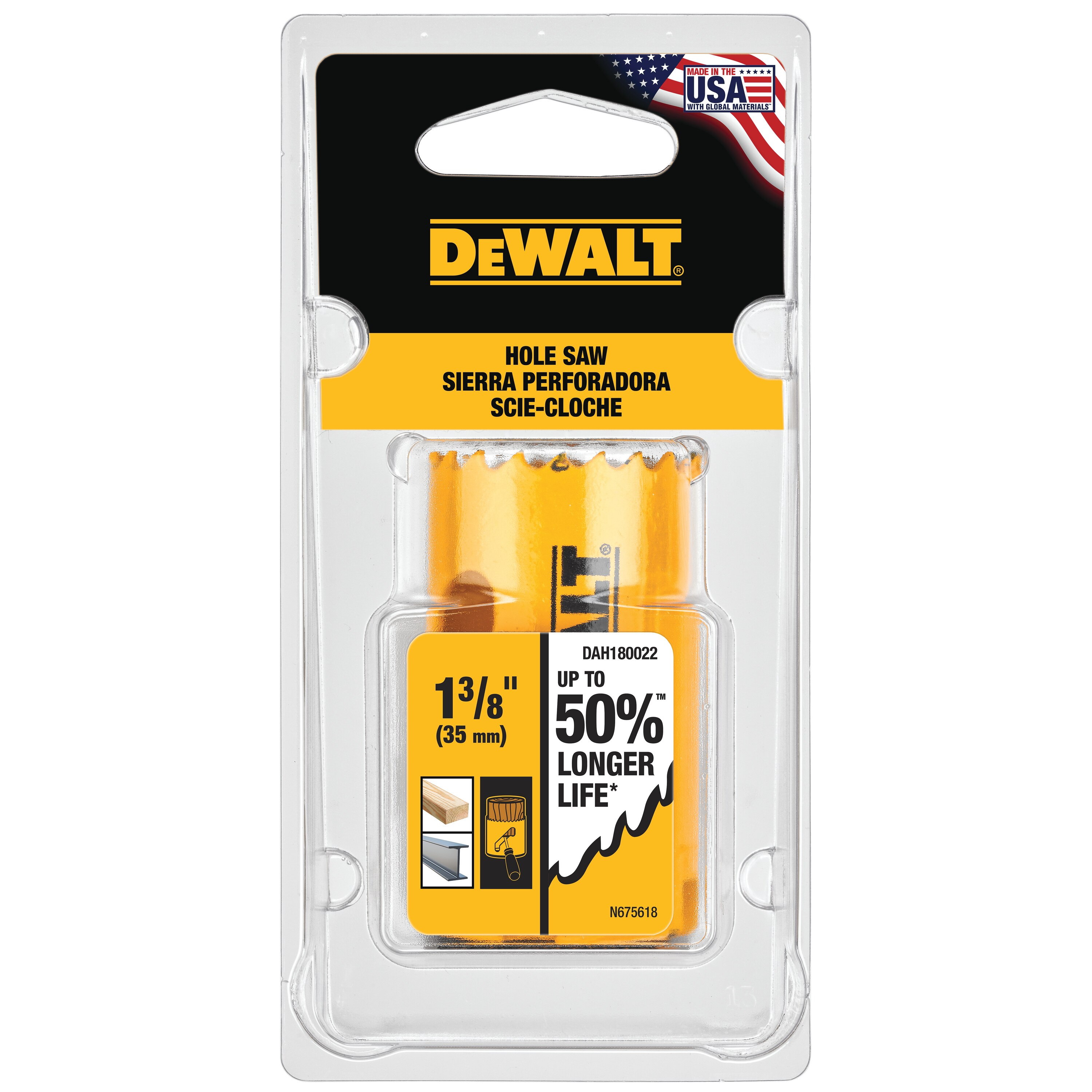 DEWALT DAH180022 Hole Saw, 1-3/8 in Dia, 1-3/4 in D Cutting, 5/8-18 Arbor, 4/5 TPI, HSS Cutting Edge - 5