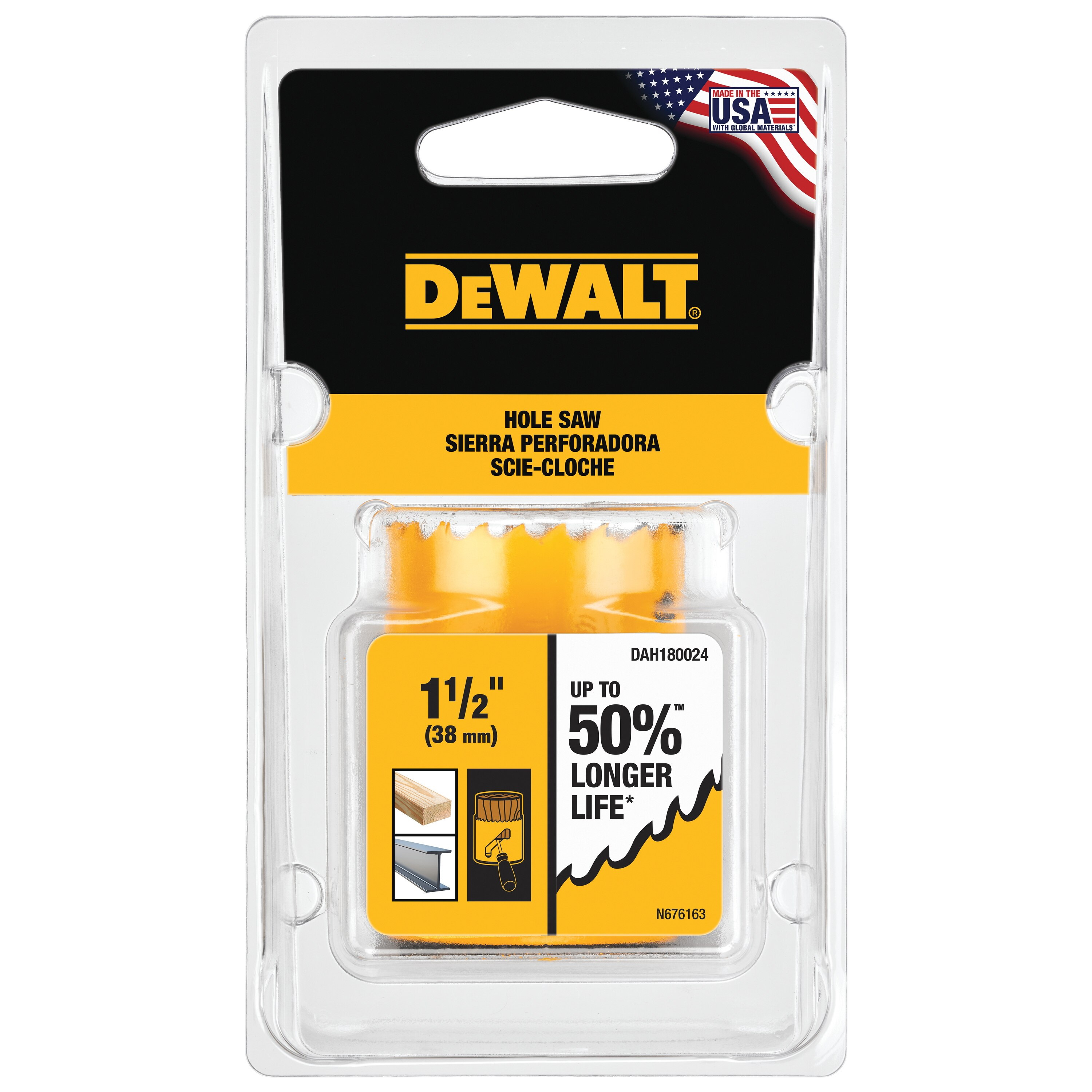 DEWALT DAH180024 Hole Saw, 1-1/2 in Dia, 1-3/4 in D Cutting, 5/8-18 Arbor, 4/5 TPI, HSS Cutting Edge - 5