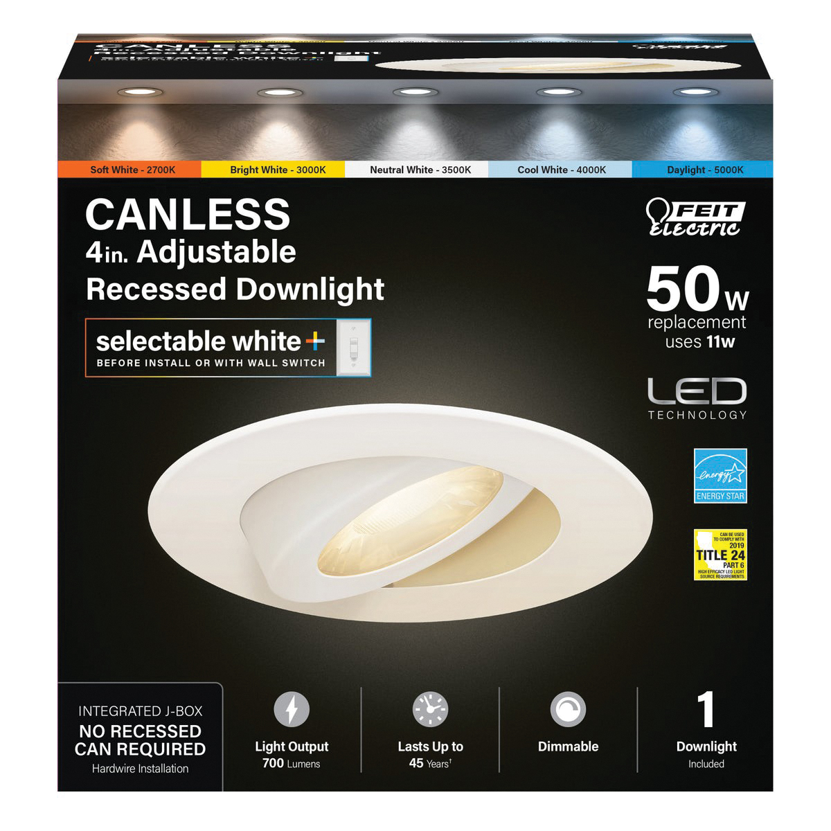 Feit Electric LEDR4XT/ADJ/6WYCA LED Downlight, 11 W, 120 V, LED Lamp, Aluminum/Plastic, White, Frosted - 2