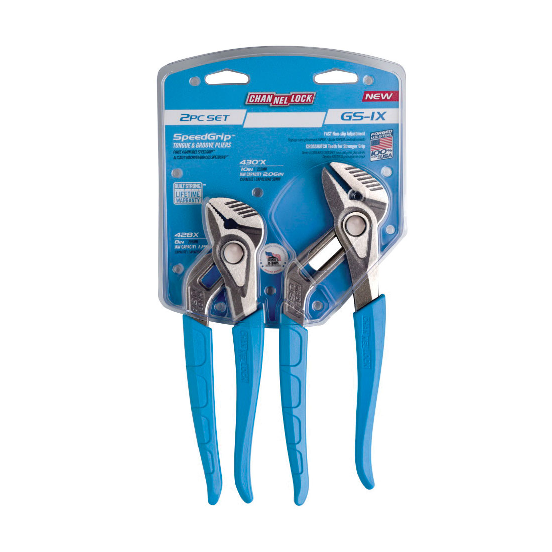 Channellock SpeedGrip Series GS-1X Tongue and Groove Plier Set, 2-Piece, HCS, Blue, Specifications: 2 in Jaw Capacity - 2