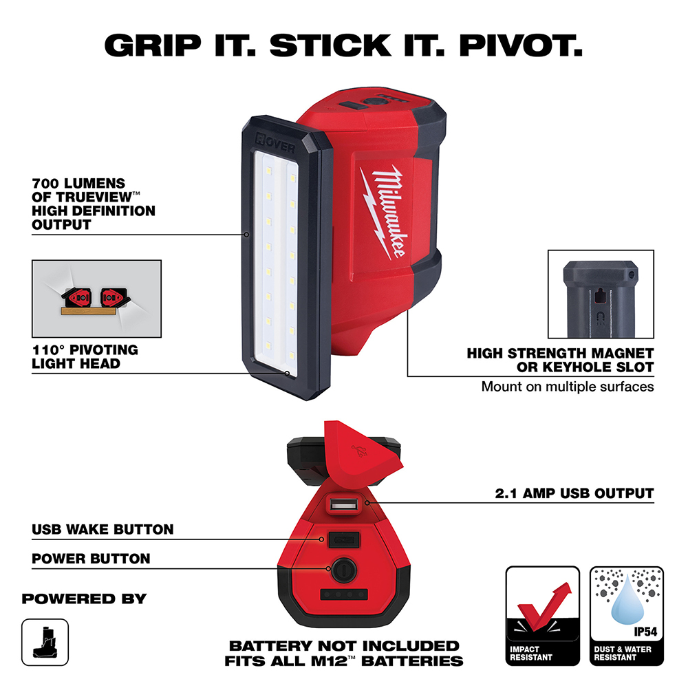 Milwaukee M12 ROVER 2367-20 Cordless Flood Light with USB Charging, 2.1 A, 12 V, Lithium-Ion Battery, LED Lamp, Red - 2