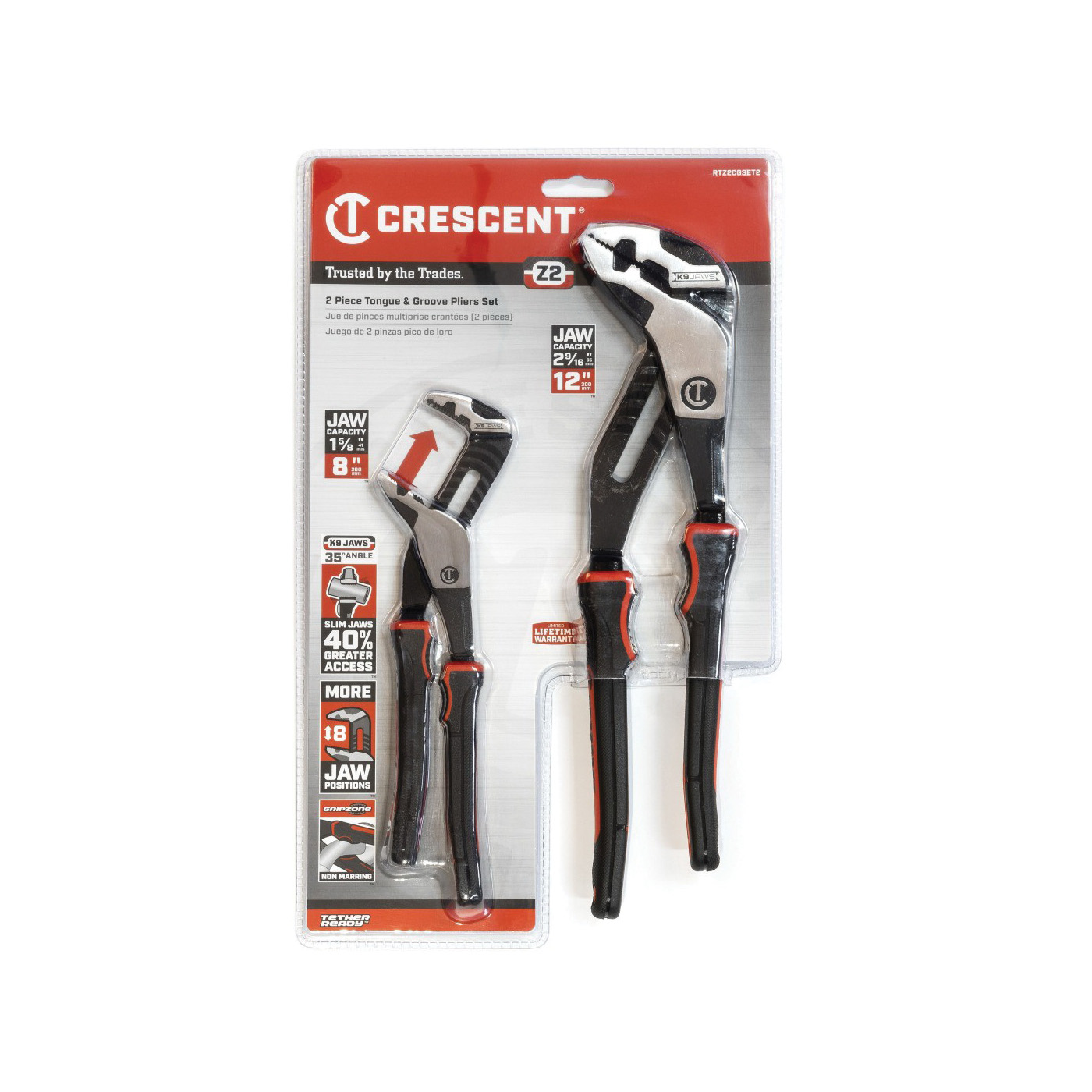 Crescent Z2 K9 Series RTZ2CGSET2 Tongue and Groove Plier Set, 2-Piece, Alloy Steel, Black/Rawhide, Polished - 2