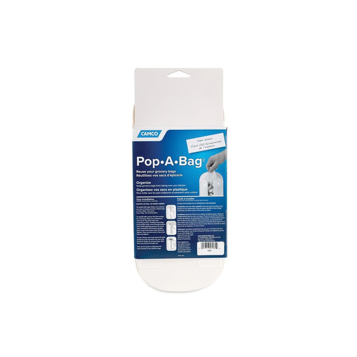 Camco USA Pop-A-Bag 57061 Bag Dispenser, Plastic, White, 12 in L, 5.1 in W, 3 in Dia - 3
